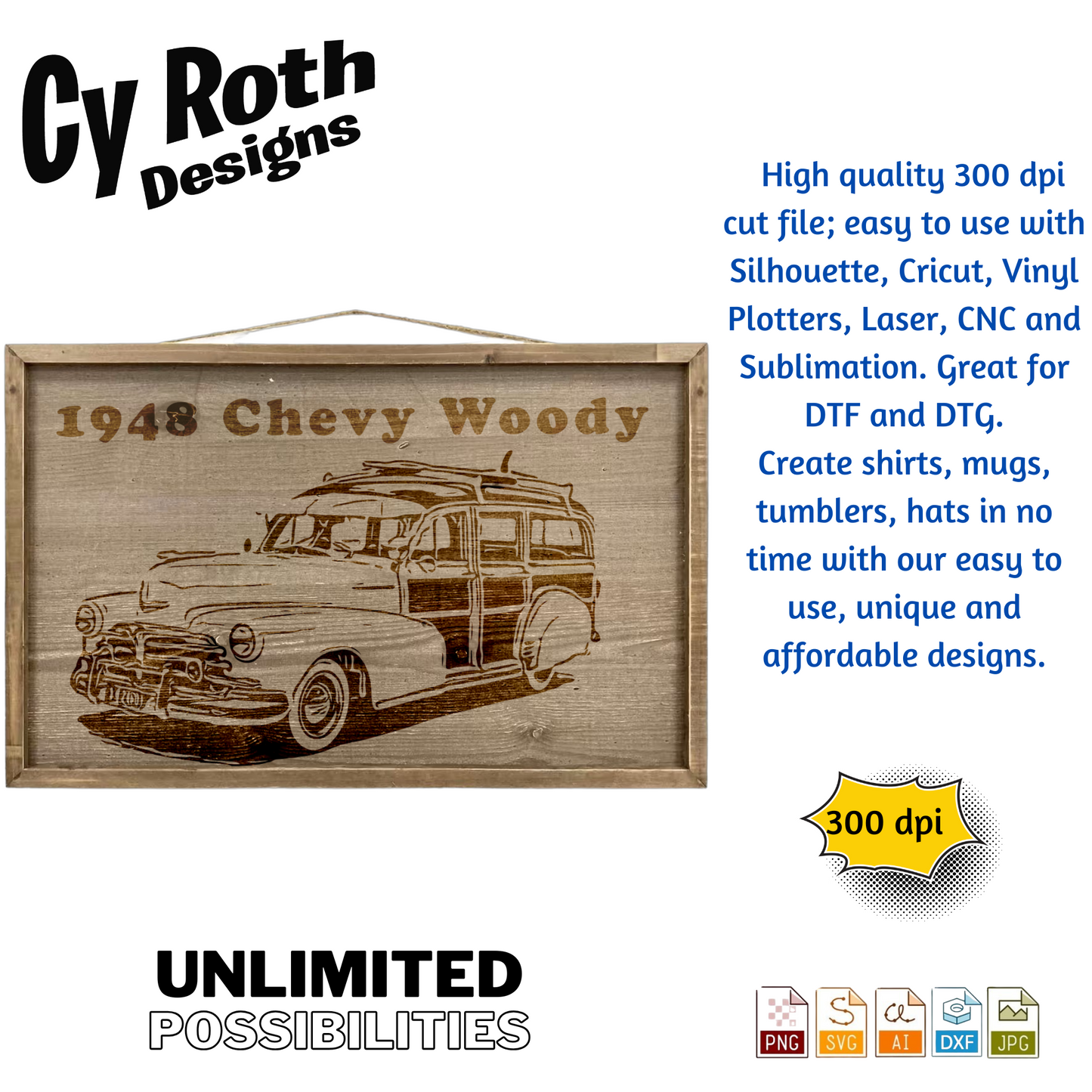 1948 Chevy Woody svg png jpg ai dxf file, for Silhouette, Cricut, Vinyl Plotters, Laser, CNC and Sublimation. Great for DTF and DTG.