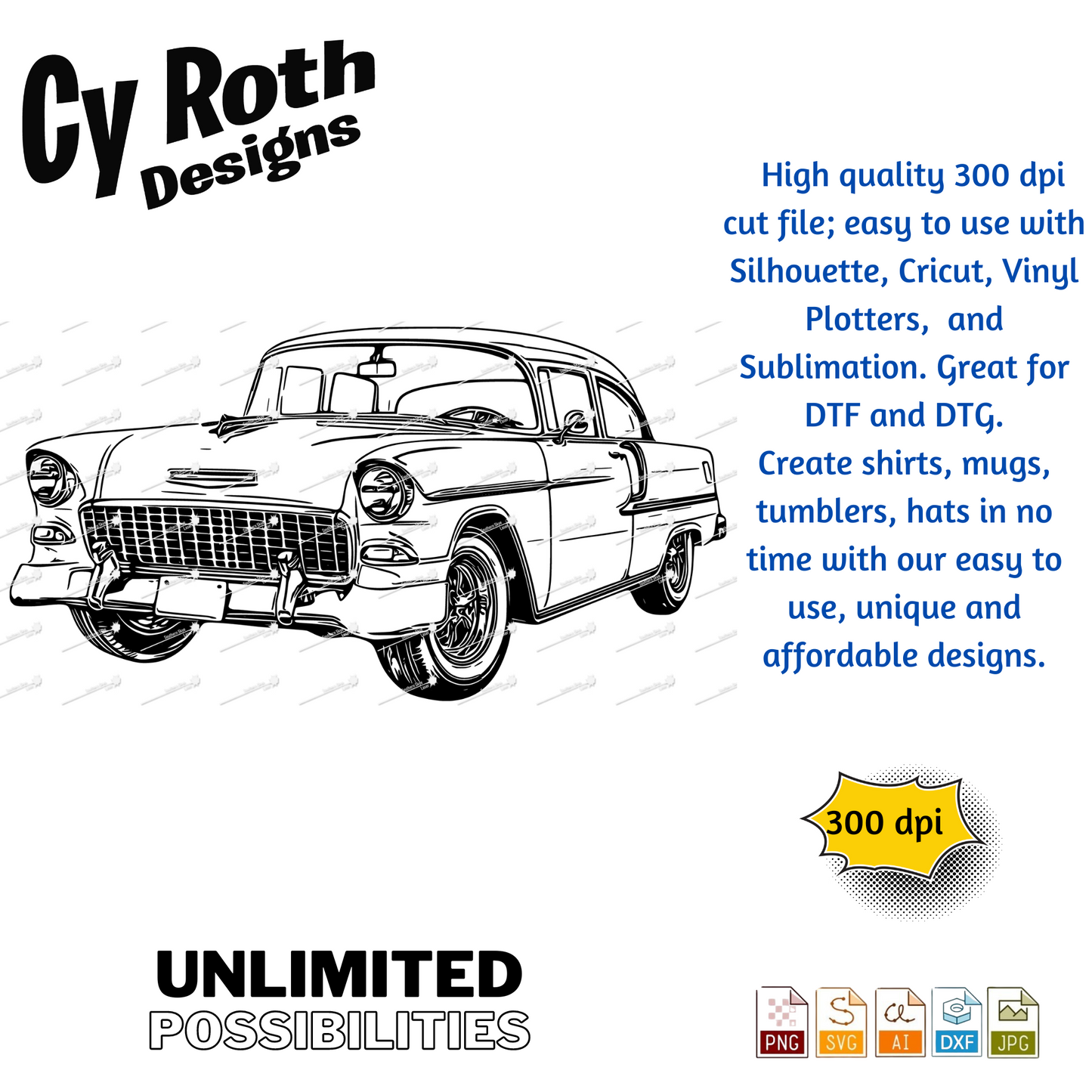 1955 Chevy Bel Air svg png jpg ai dxf file, for Silhouette, Cricut, Vinyl Plotters, Laser, CNC and Sublimation. Great for DTF and DTG.