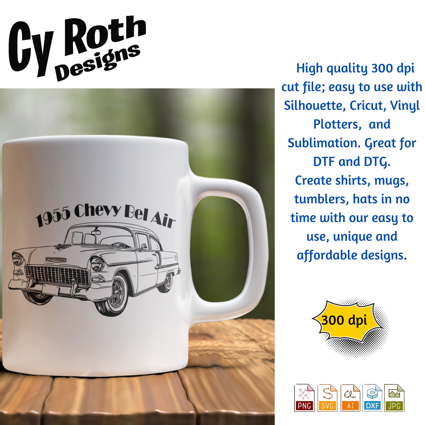 1955 Chevy Bel Air svg png jpg ai dxf file, for Silhouette, Cricut, Vinyl Plotters, Laser, CNC and Sublimation. Great for DTF and DTG.