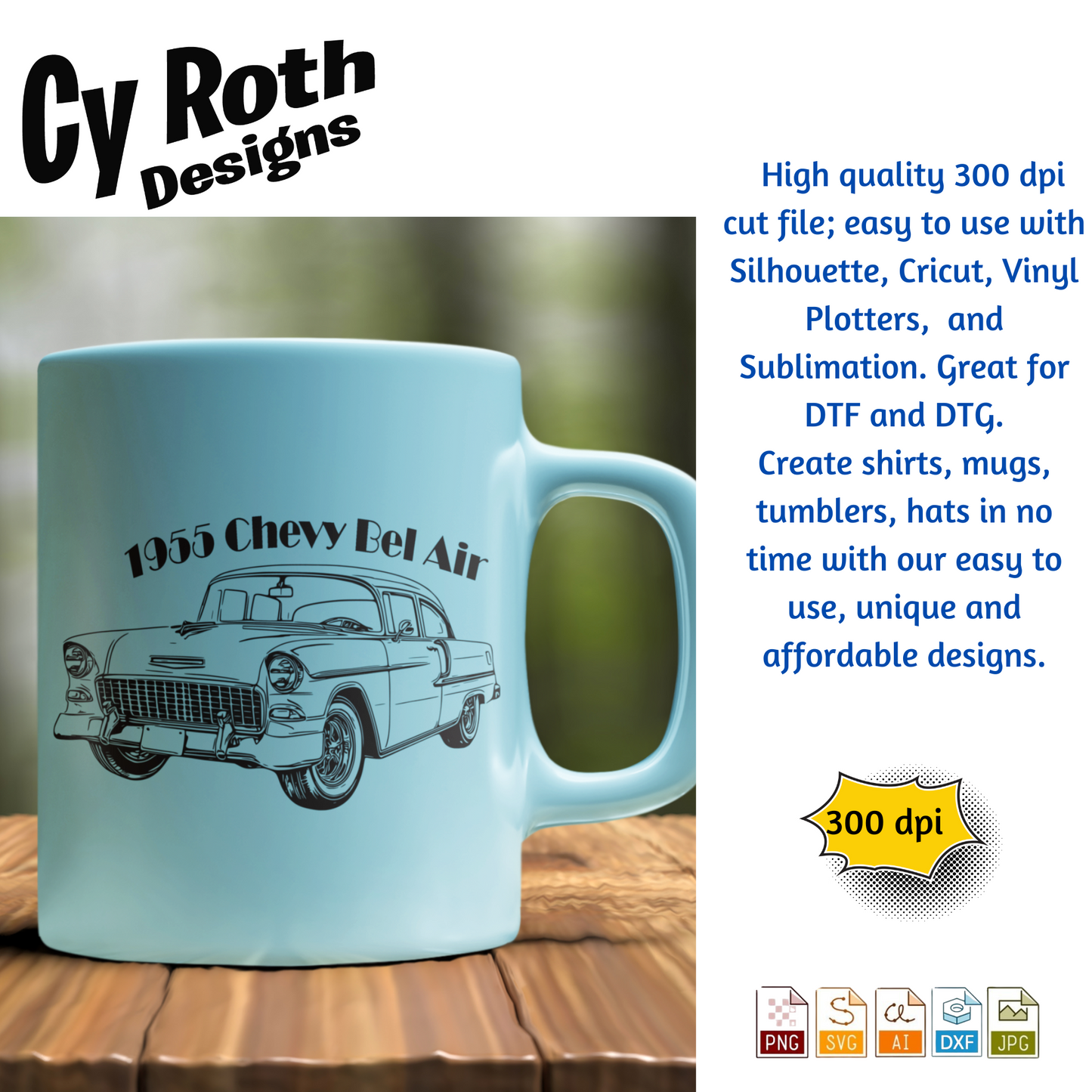 1957 Chevy Bel Air svg png jpg ai dxf file, for Silhouette, Cricut, Vinyl Plotters, Laser, CNC and Sublimation. Great for DTF and DTG.