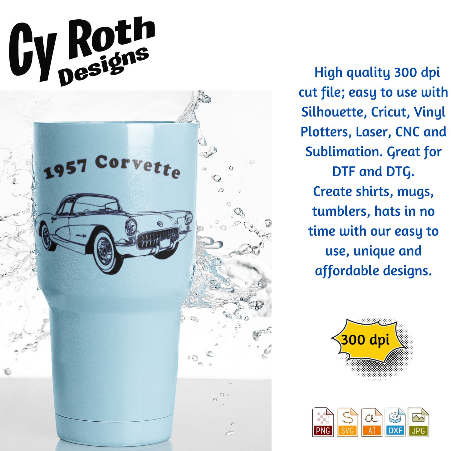 1957 Chevy Corvette svg png jpg ai dxf file, for Silhouette, Cricut, Vinyl Plotters, Laser, CNC and Sublimation. Great for DTF and DTG.