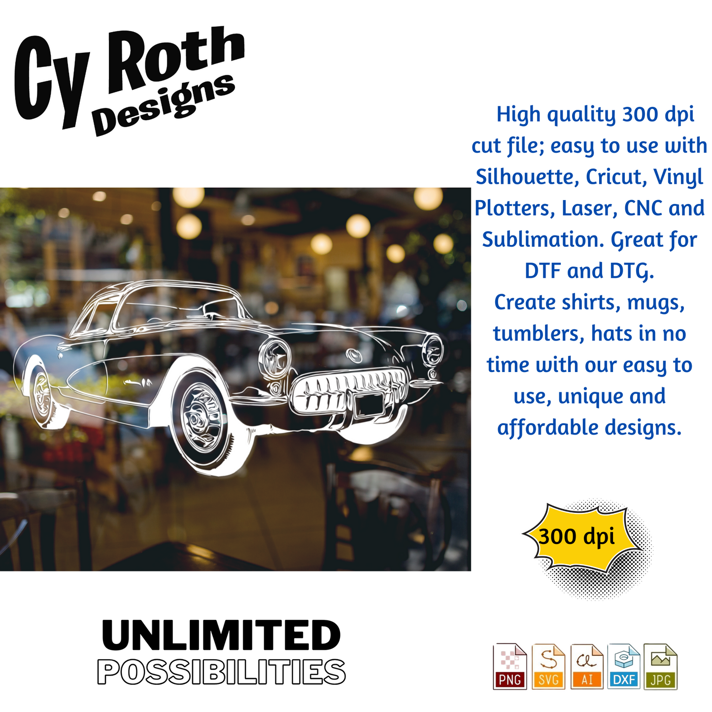 1957 Chevy Corvette svg png jpg ai dxf file, for Silhouette, Cricut, Vinyl Plotters, Laser, CNC and Sublimation. Great for DTF and DTG.