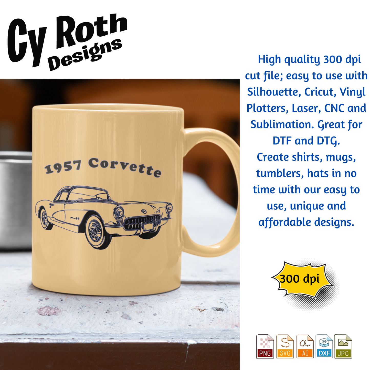 1957 Chevy Corvette svg png jpg ai dxf file, for Silhouette, Cricut, Vinyl Plotters, Laser, CNC and Sublimation. Great for DTF and DTG.