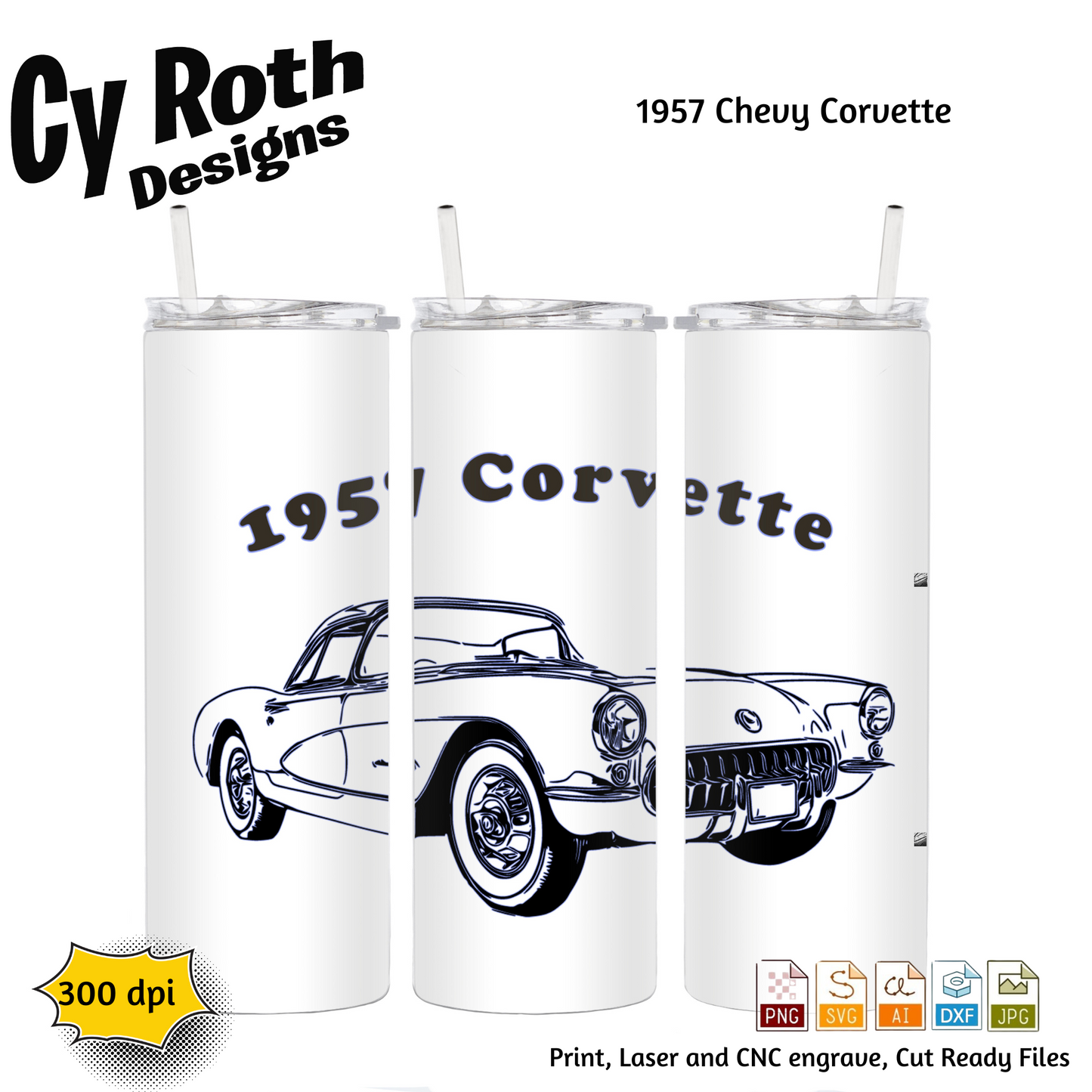 1957 Chevy Corvette svg png jpg ai dxf file, for Silhouette, Cricut, Vinyl Plotters, Laser, CNC and Sublimation. Great for DTF and DTG.