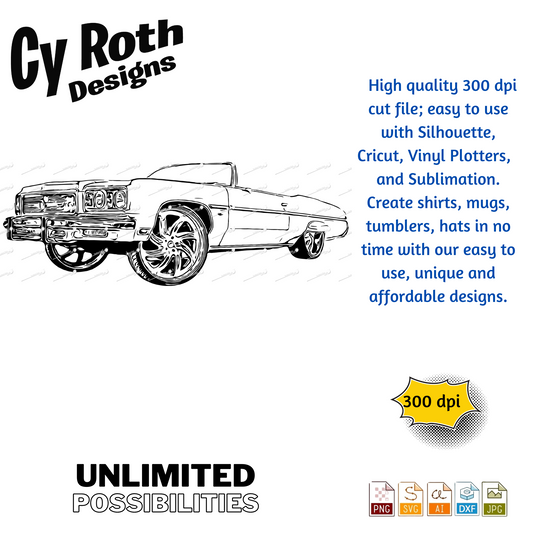 1975 Chevy Caprice DONK svg png jpg ai dxf file, for Silhouette, Cricut, Vinyl Plotters, Laser, CNC and Sublimation. Great for DTF and DTG.
