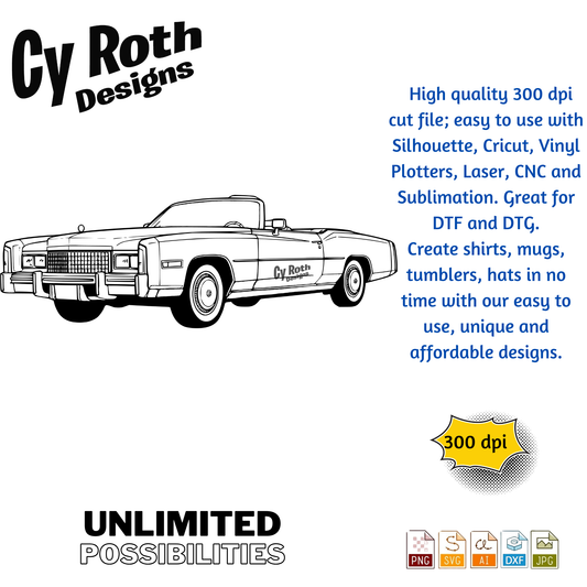 1975 Cadillac Eldorado svg png jpg ai dxf file, for Silhouette, Cricut, Vinyl Plotters, Laser, CNC and Sublimation. Downloadable File.
