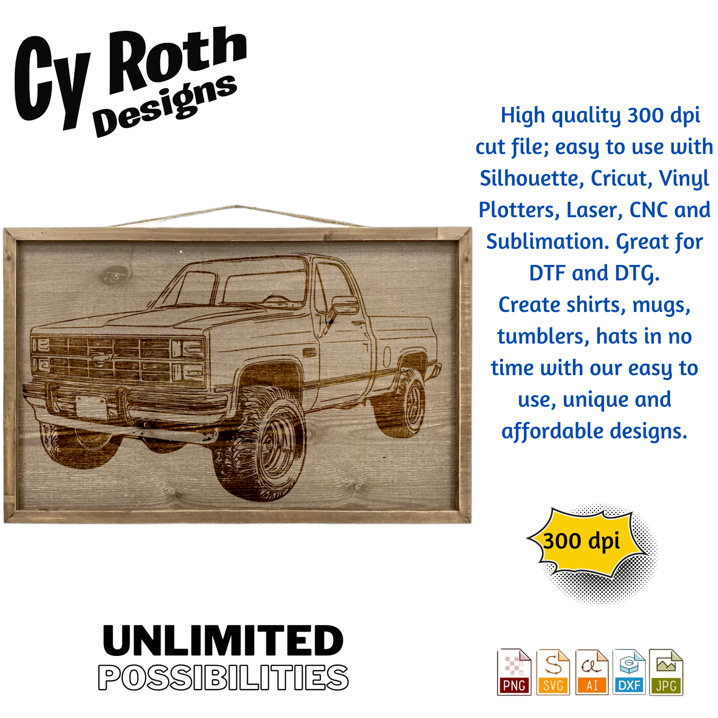 1985 Chevy Truck svg png jpg ai dxf file, for Silhouette, Cricut, Vinyl Plotters, Laser, CNC and Sublimation. Great for DTF and DTG.