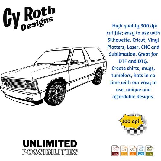 1989 Chevy S-10 Blazer svg png jpg ai dxf file, for Silhouette, Cricut, Vinyl Plotters, Laser, CNC and Sublimation. Great for DTF and DTG.