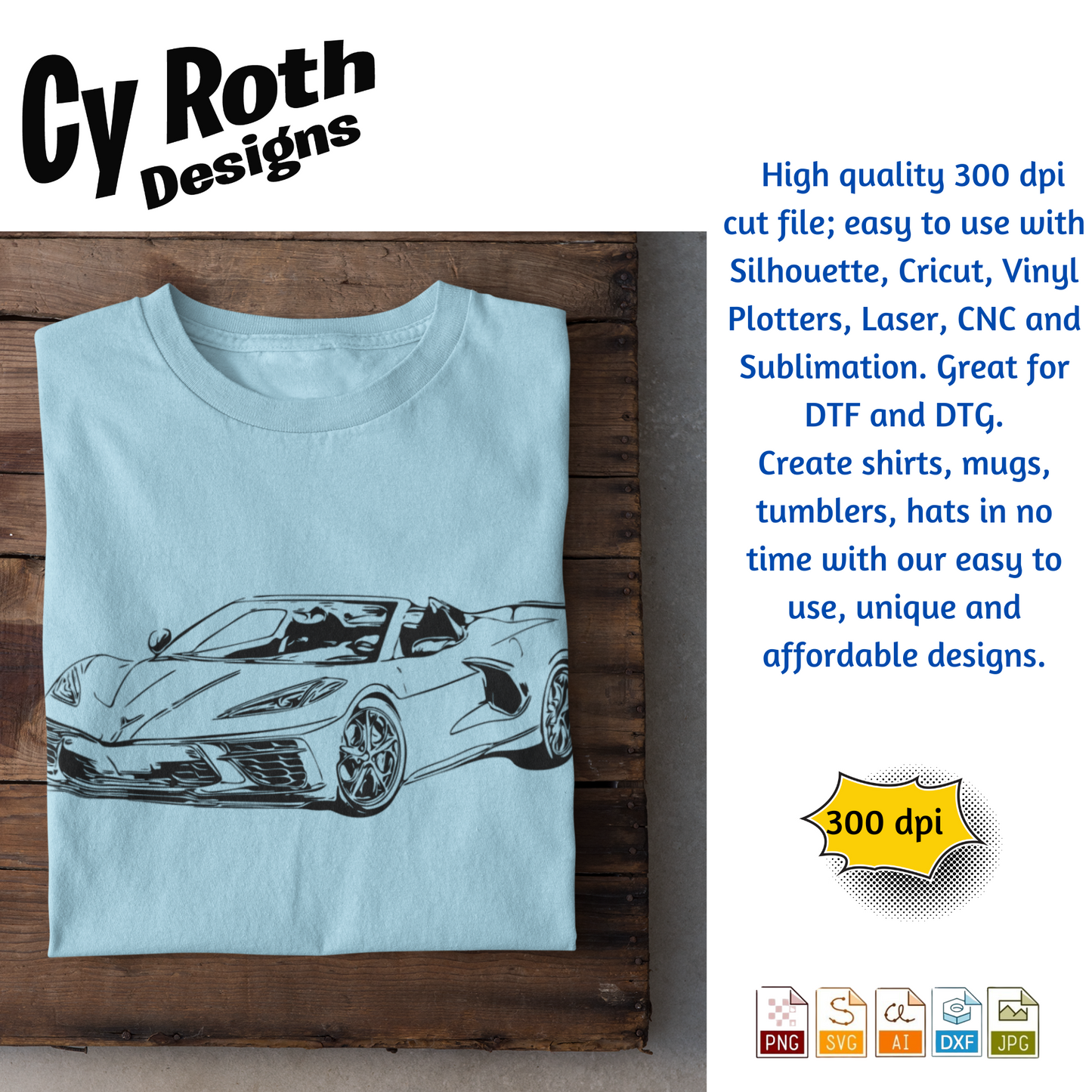 2020 Chevy Corvette svg png jpg ai dxf file, for Silhouette, Cricut, Vinyl Plotters, Laser, CNC and Sublimation. Great for DTF and DTG.