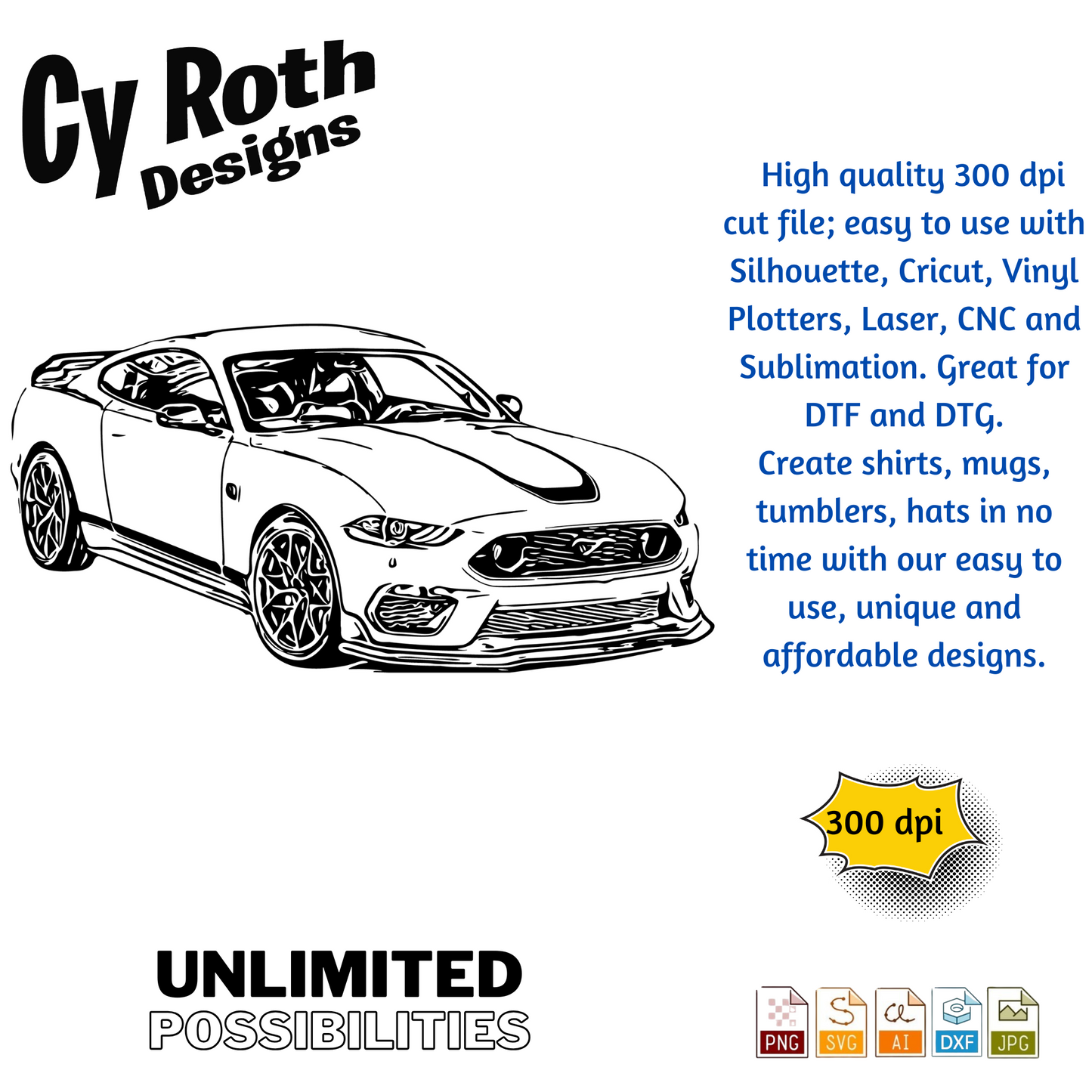 2021 Ford Mustang svg png jpg ai dxf file, for Silhouette, Cricut, Vinyl Plotters, Laser, CNC and Sublimation. Great for DTF and DTG.