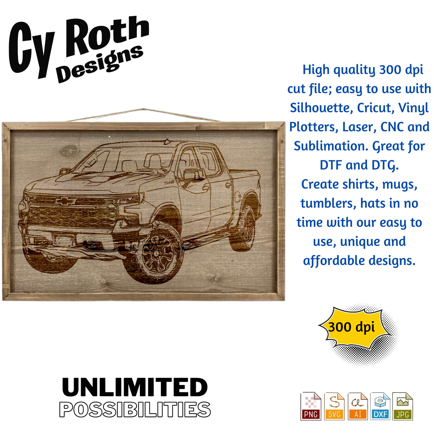 2023 Chevy Silverado svg png jpg ai dxf file, for Silhouette, Cricut, Vinyl Plotters, Laser, CNC and Sublimation. Great for DTF and DTG.