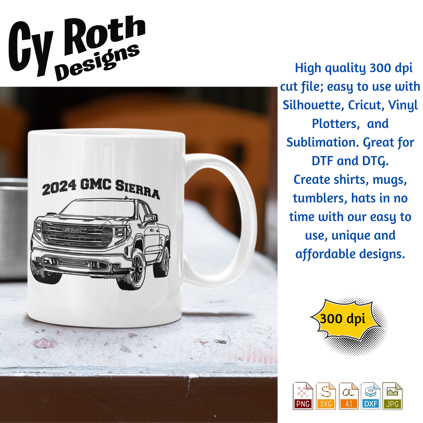 2024 GMC Sierra svg png jpg ai dxf file, for Silhouette, Cricut, Vinyl Plotters, Laser, CNC and Sublimation. Great for DTF and DTG.