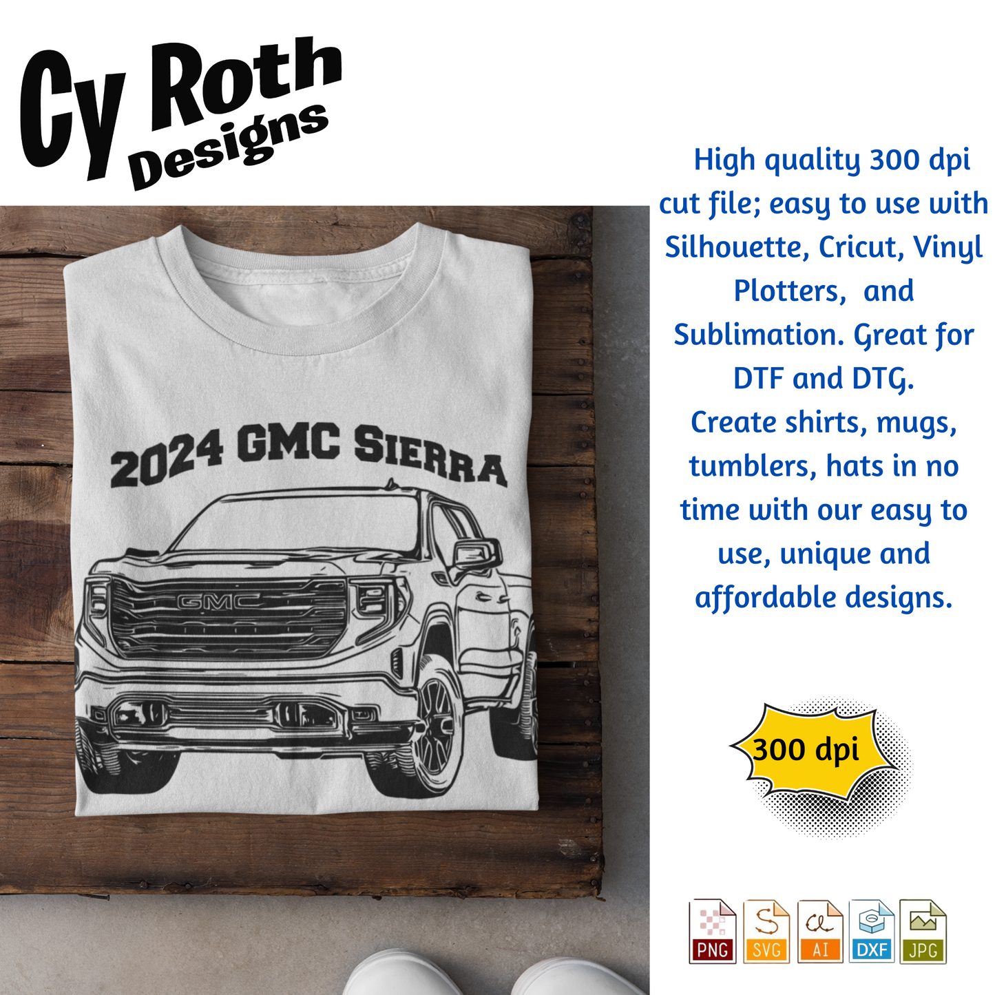 2024 GMC Sierra svg png jpg ai dxf file, for Silhouette, Cricut, Vinyl Plotters, Laser, CNC and Sublimation. Great for DTF and DTG.