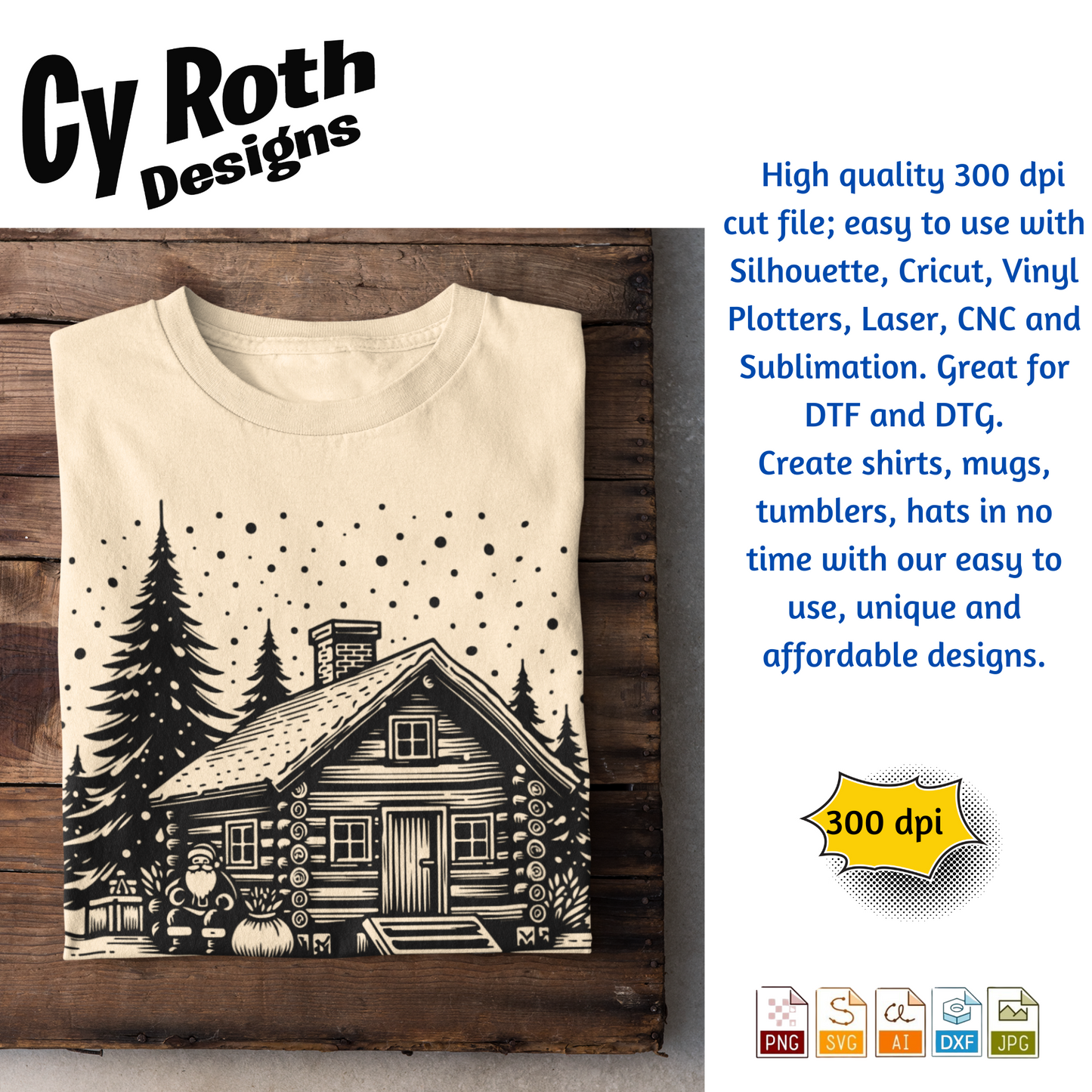 Christmas Cabin with Santa svg png jpg ai dxf file, for Silhouette, Cricut, Vinyl Plotters, Laser, CNC and Sublimation. Great for DTF and DTG.