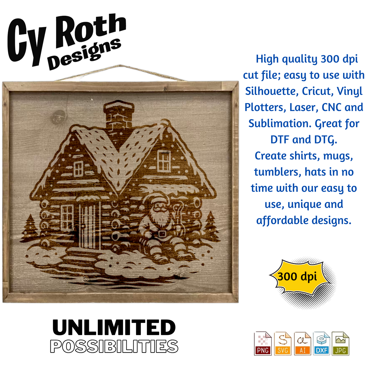 Christmas Cabin with Santa svg png jpg ai dxf file, for Silhouette, Cricut, Vinyl Plotters, Laser, CNC and Sublimation. Great for DTF and DTG.