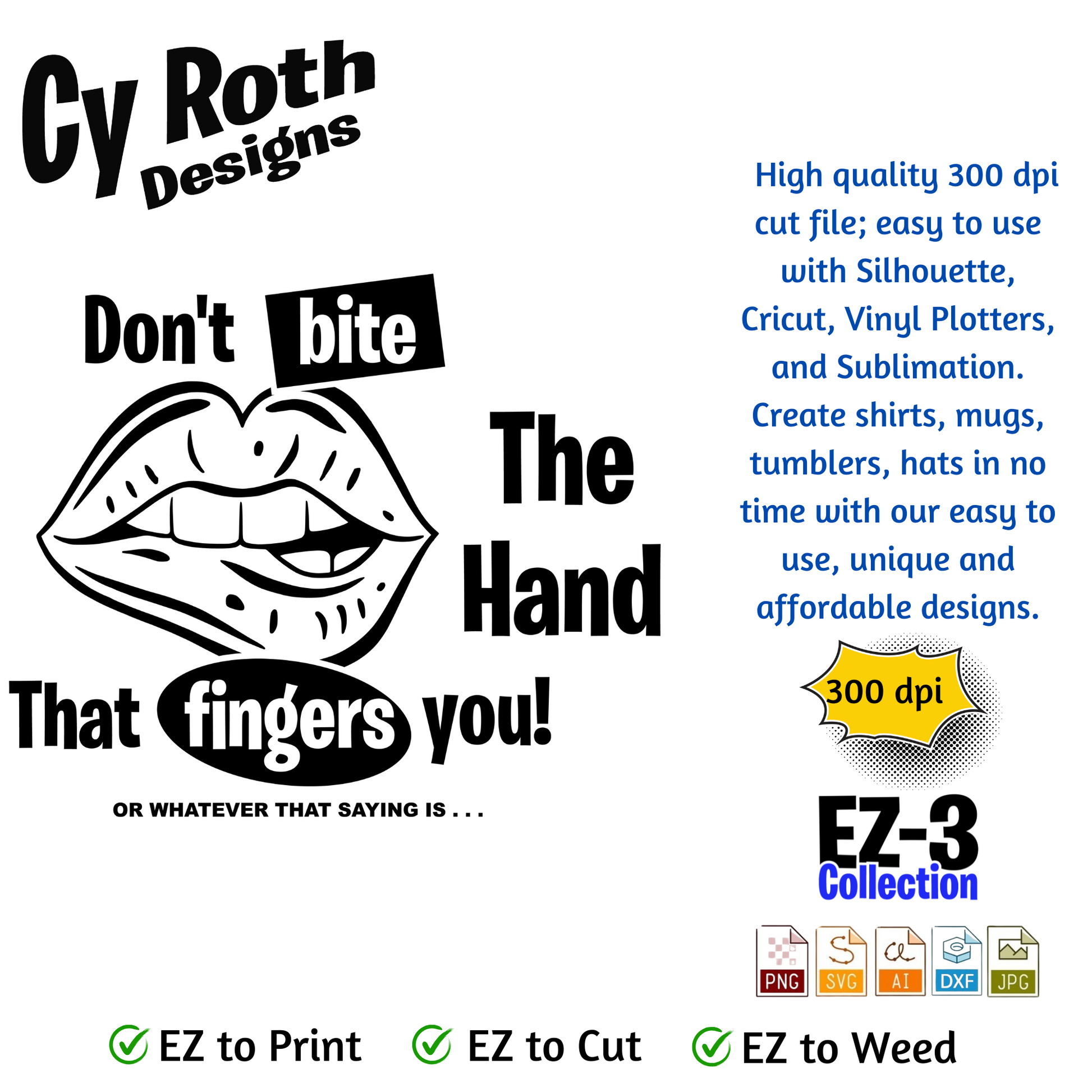 Lips graphic with "Don't bite the hand that fingers you" Sublimation Design: Tumblers, Shirts, Wall Art (PNG, SVG Digital Download)