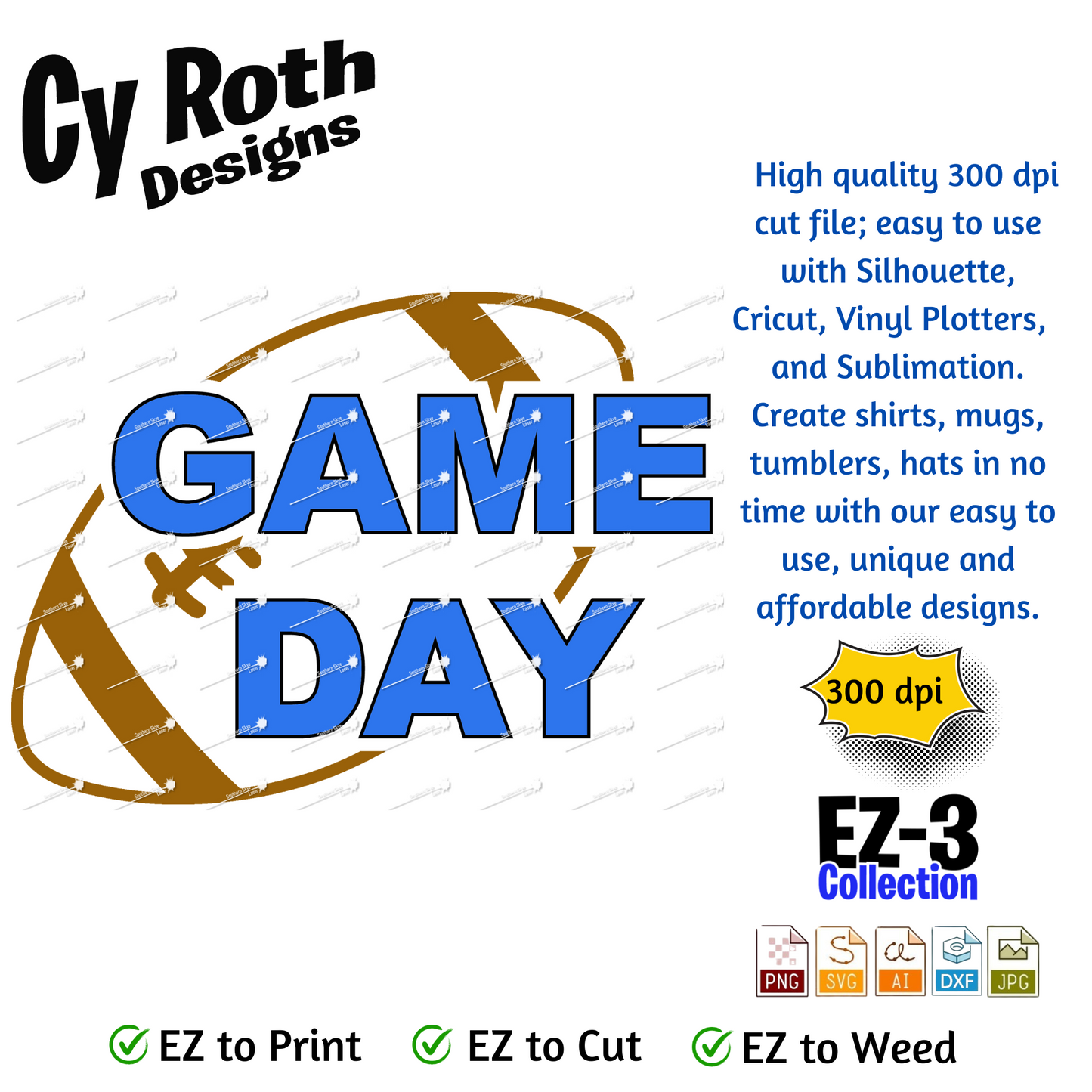 Football svg png jpg ai dxf file, for Silhouette, Cricut, Vinyl Plotters, Laser, CNC and Sublimation. Great for DTF and DTG. Game Day