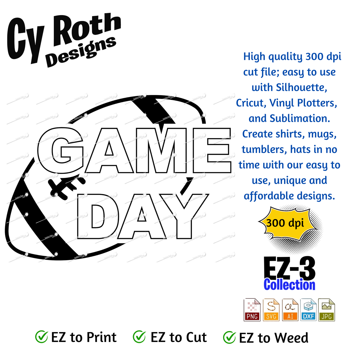 Football svg png jpg ai dxf file, for Silhouette, Cricut, Vinyl Plotters, Laser, CNC and Sublimation. Great for DTF and DTG. Game Day