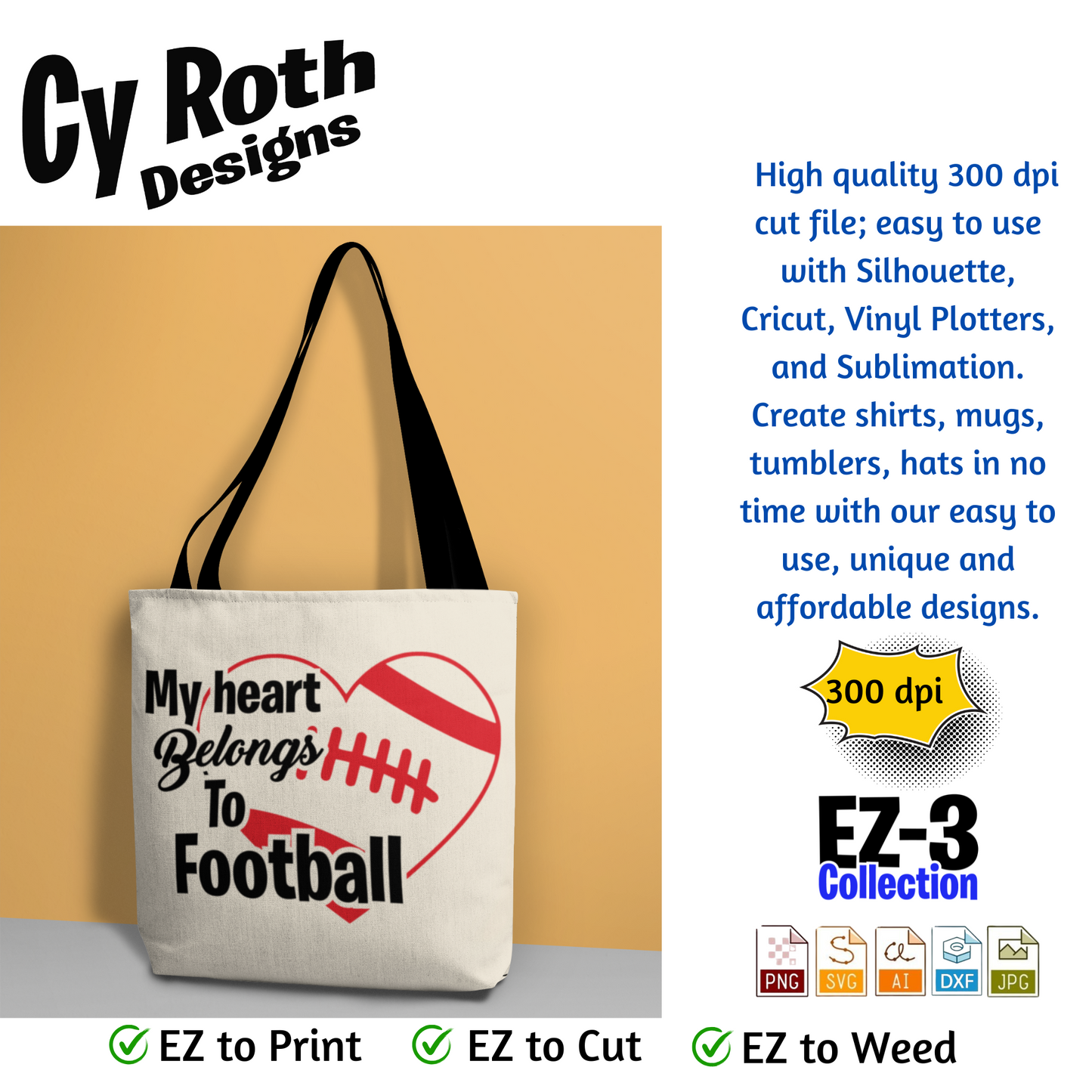 Football svg png jpg ai dxf file, for Silhouette, Cricut, Vinyl Plotters, Laser, CNC and Sublimation. Great for DTF and DTG. My heart belongs to football