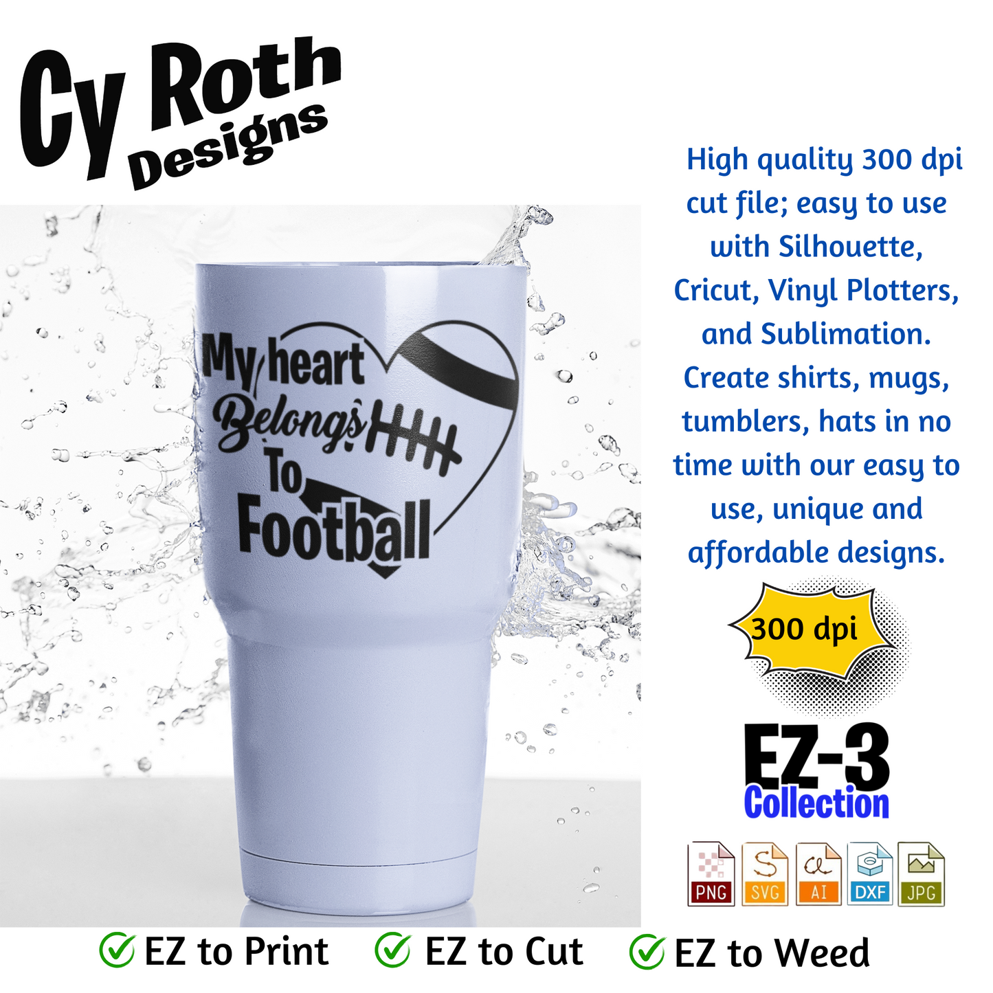 Football svg png jpg ai dxf file, for Silhouette, Cricut, Vinyl Plotters, Laser, CNC and Sublimation. Great for DTF and DTG. My heart belongs to football