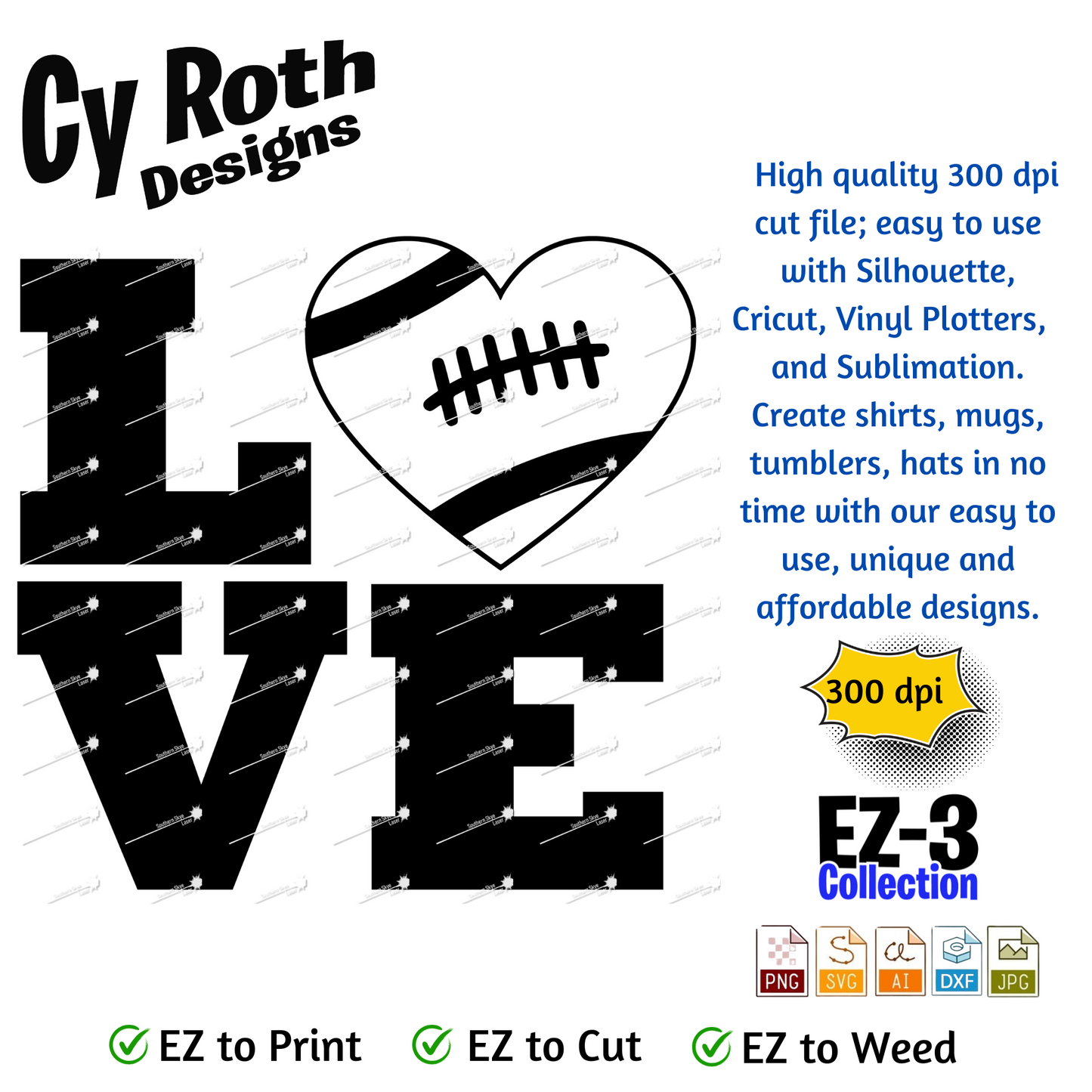 Football svg png jpg ai dxf file, for Silhouette, Cricut, Vinyl Plotters, Laser, CNC and Sublimation. Great for DTF and DTG. Football Love