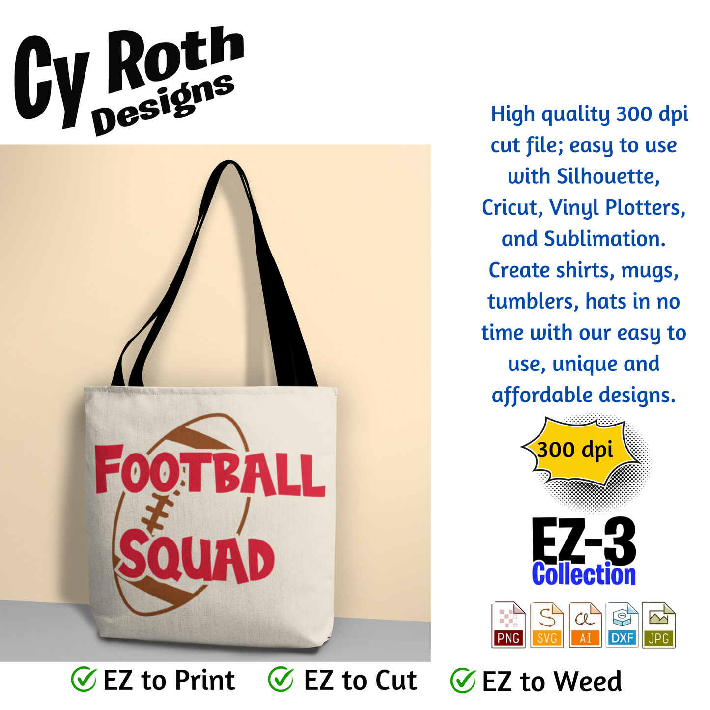 Football svg png jpg ai dxf file, for Silhouette, Cricut, Vinyl Plotters, Laser, CNC and Sublimation. Great for DTF and DTG. Football Squad