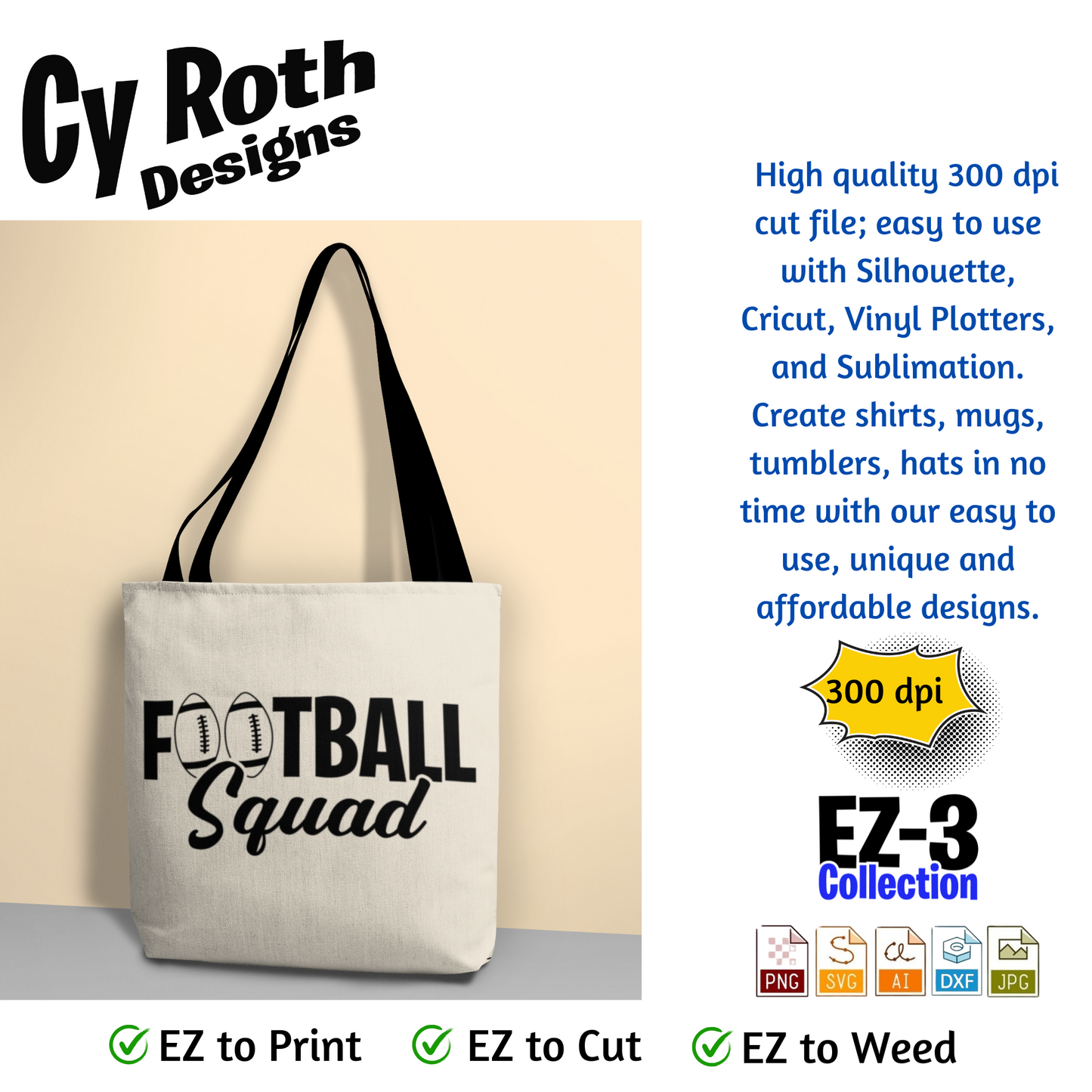 Football svg png jpg ai dxf file, for Silhouette, Cricut, Vinyl Plotters, Laser, CNC and Sublimation. Great for DTF and DTG. Football Squad