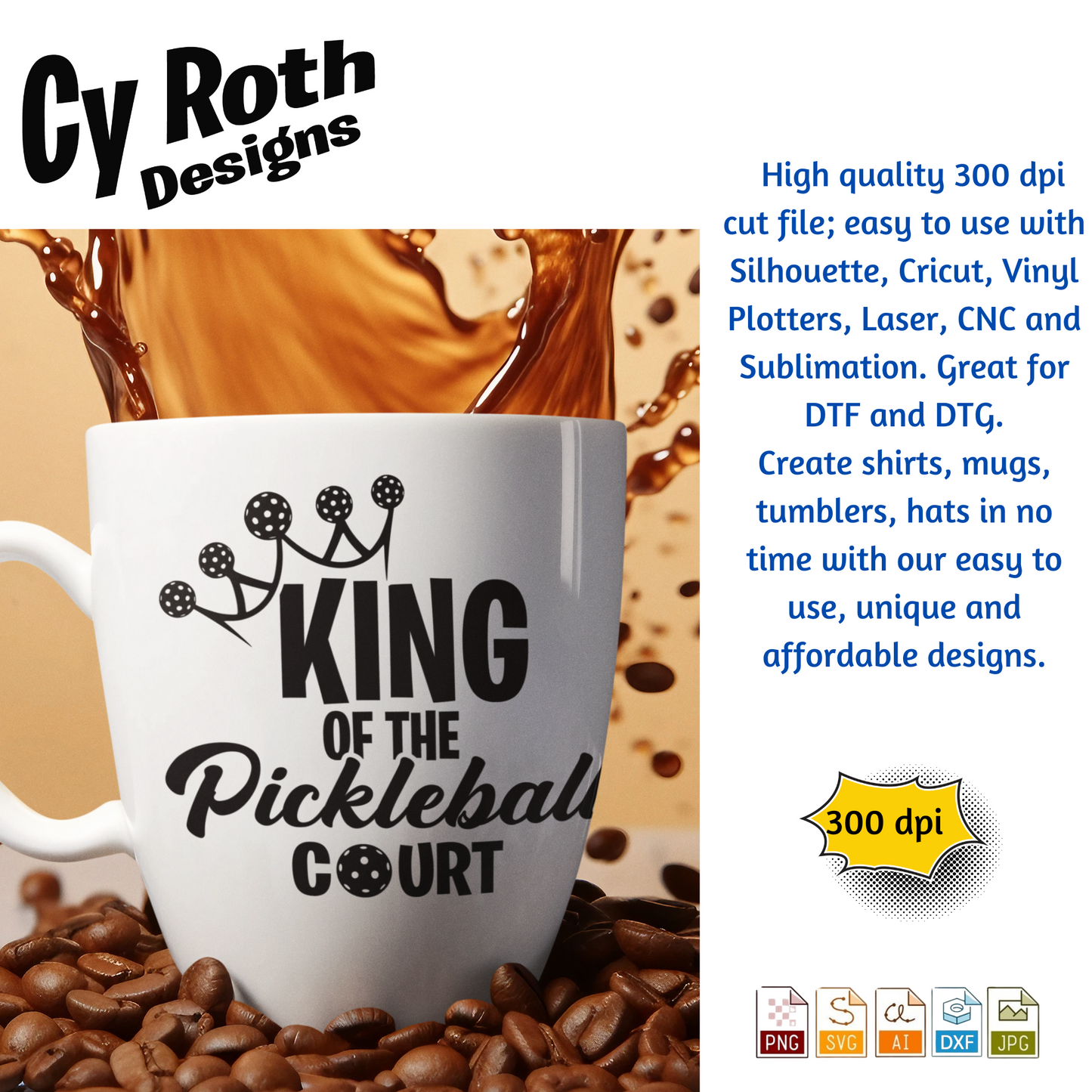 King of the pickleball court svg png jpg ai dxf file, for Silhouette, Cricut, Vinyl Plotters, Laser, CNC and Sublimation. Great for DTF and DTG.