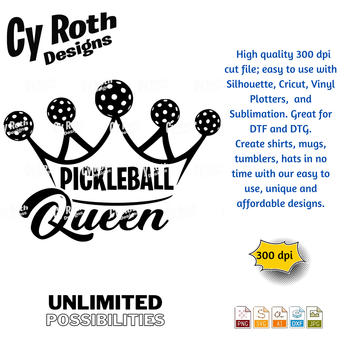 Pickleball Queen svg png jpg ai dxf file, for Silhouette, Cricut, Vinyl Plotters, Laser, CNC and Sublimation. Great for DTF and DTG.