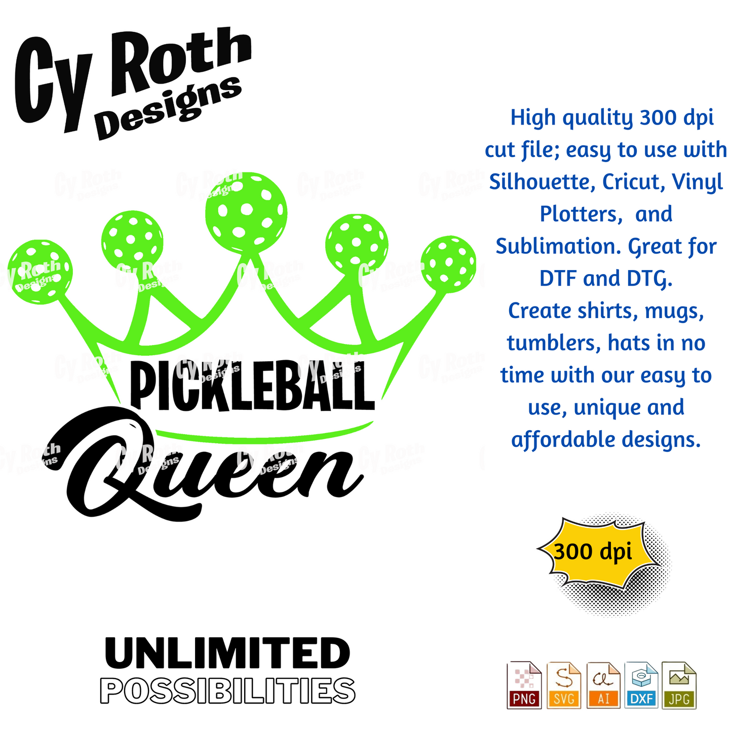 Pickleball Queen svg png jpg ai dxf file, for Silhouette, Cricut, Vinyl Plotters, Laser, CNC and Sublimation. Great for DTF and DTG.
