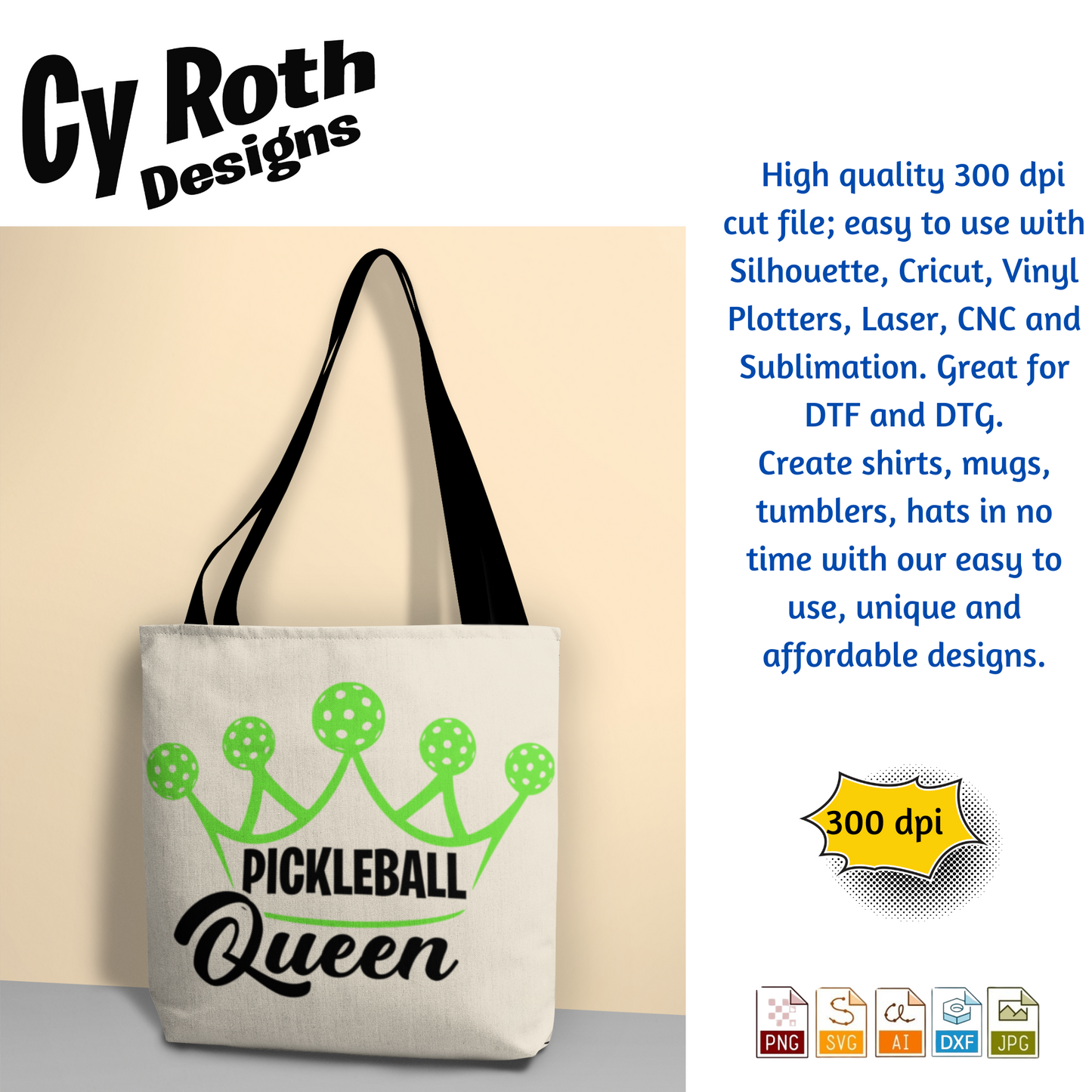 Pickleball Queen svg png jpg ai dxf file, for Silhouette, Cricut, Vinyl Plotters, Laser, CNC and Sublimation. Great for DTF and DTG.