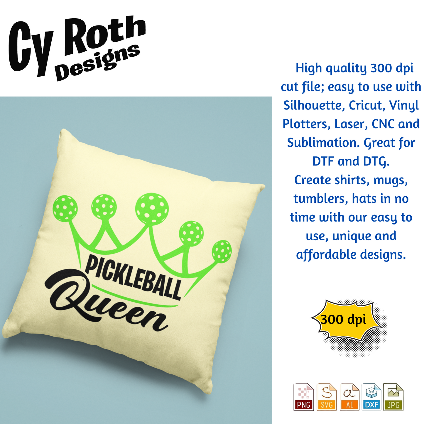 Pickleball Queen svg png jpg ai dxf file, for Silhouette, Cricut, Vinyl Plotters, Laser, CNC and Sublimation. Great for DTF and DTG.