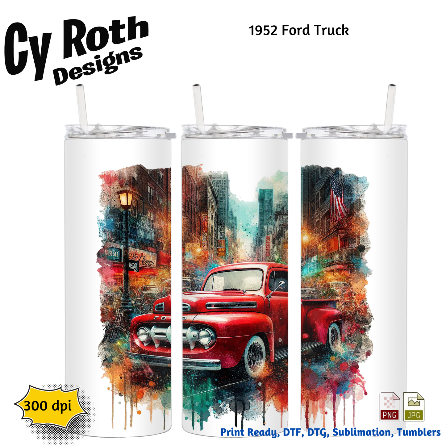 20 oz tumbler featuring a 1952 Ford Truck sublimation design by CyRoth Designs