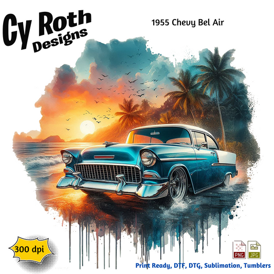 1955 Chevy Bel Air Sublimation Wall Art 20oz skinny Tumbler PNG JPG file, shirt PNG, Junk Journal image