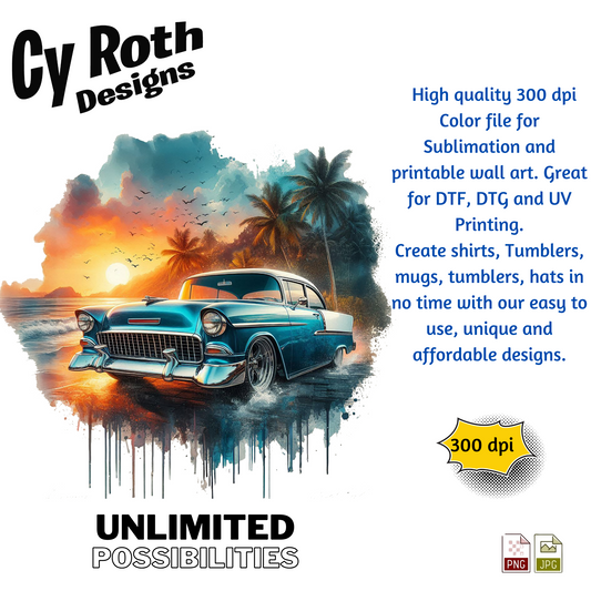 1955 Chevy Bel Air Sublimation Wall Art 20oz skinny Tumbler PNG JPG file, shirt PNG, Junk Journal image