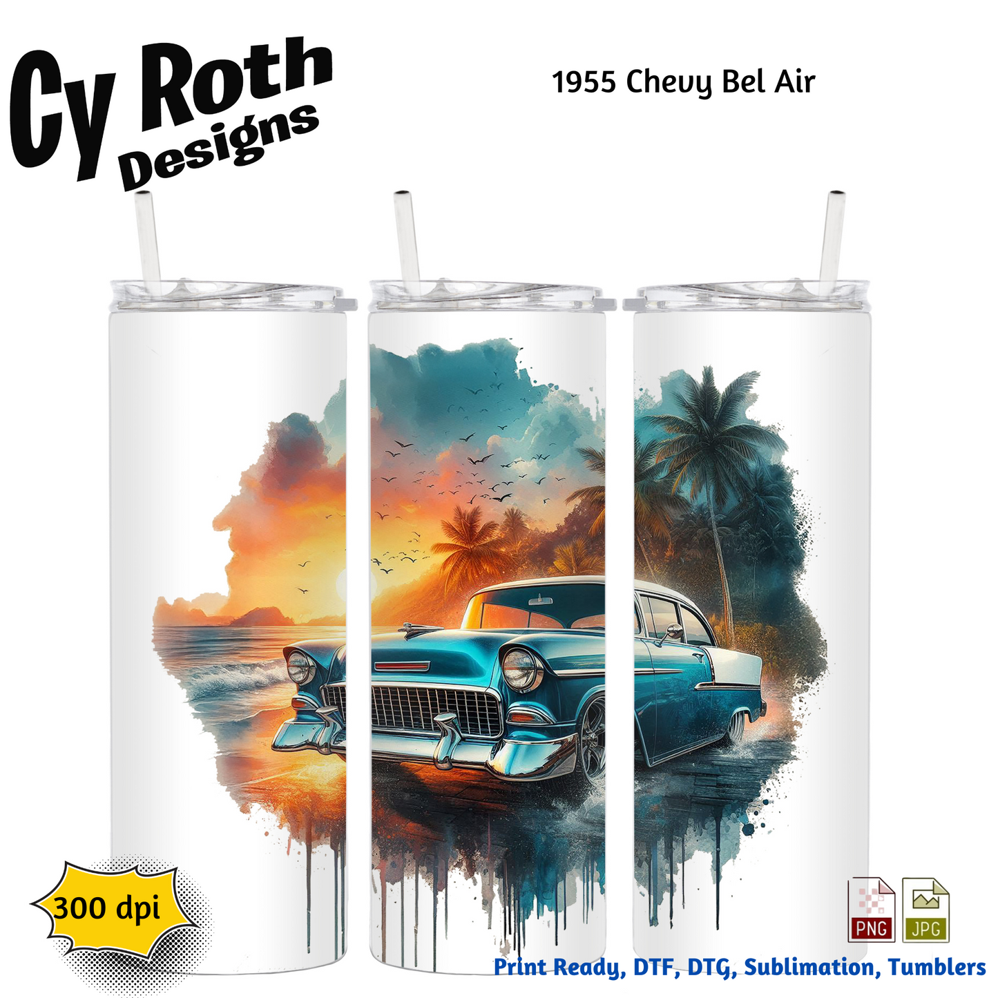 1955 Chevy Bel Air Sublimation Wall Art 20oz skinny Tumbler PNG JPG file, shirt PNG, Junk Journal image