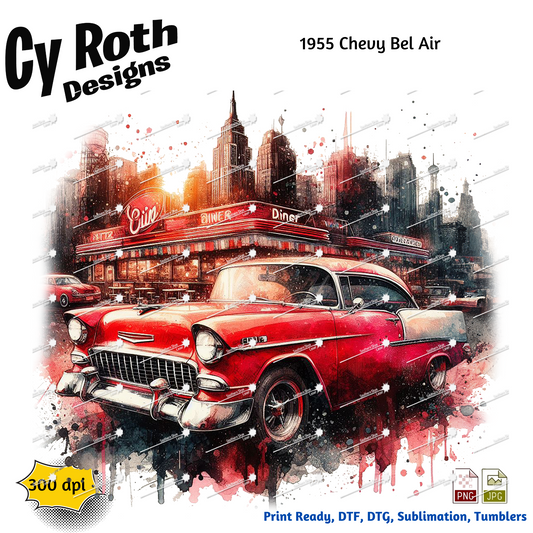 1955 Chevy Bel Air Sublimation PNG JPG file, Wall Art 20oz skinny Tumbler, shirt PNG, Junk Journal image