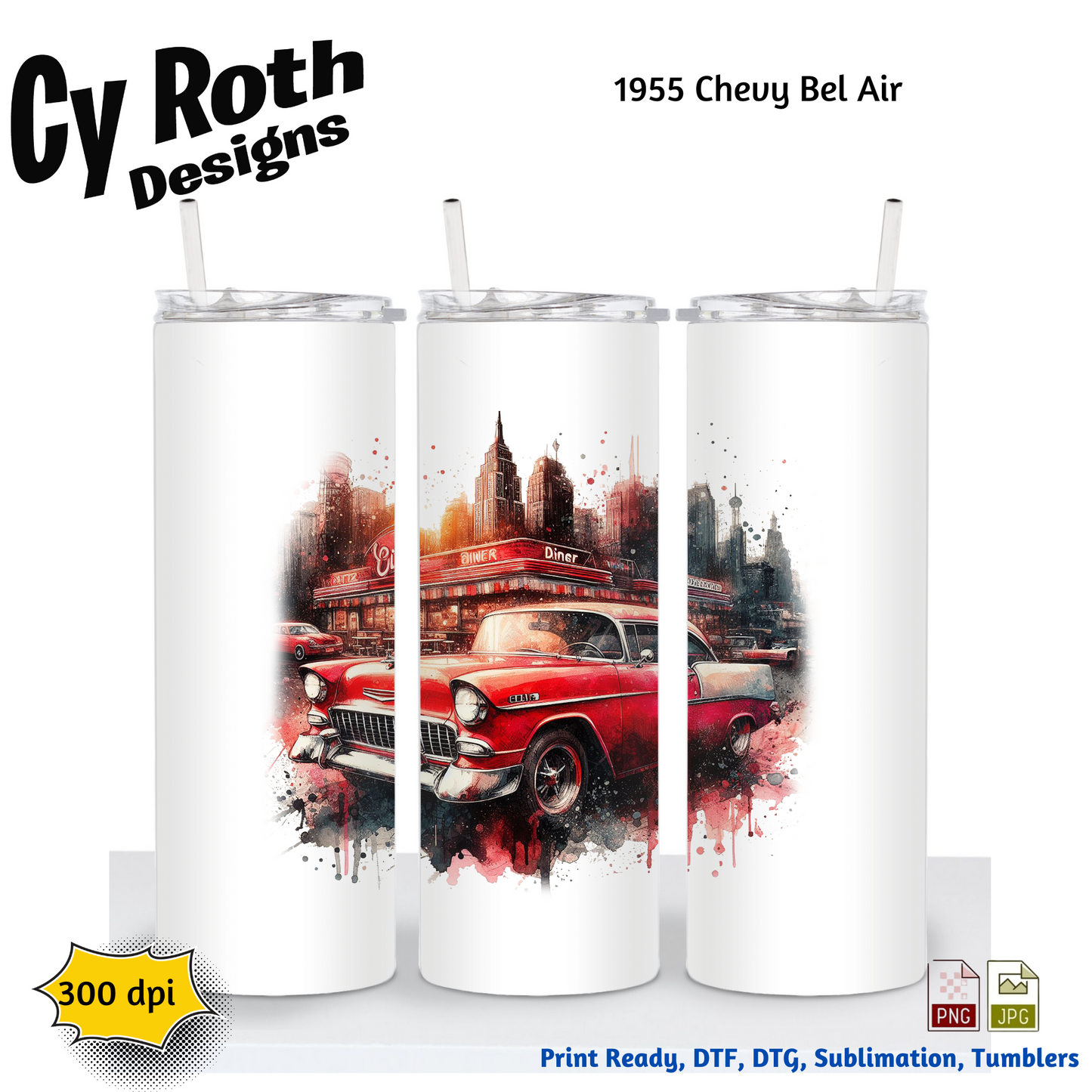 1955 Chevy Bel Air Sublimation PNG JPG file, Wall Art 20oz skinny Tumbler, shirt PNG, Junk Journal image
