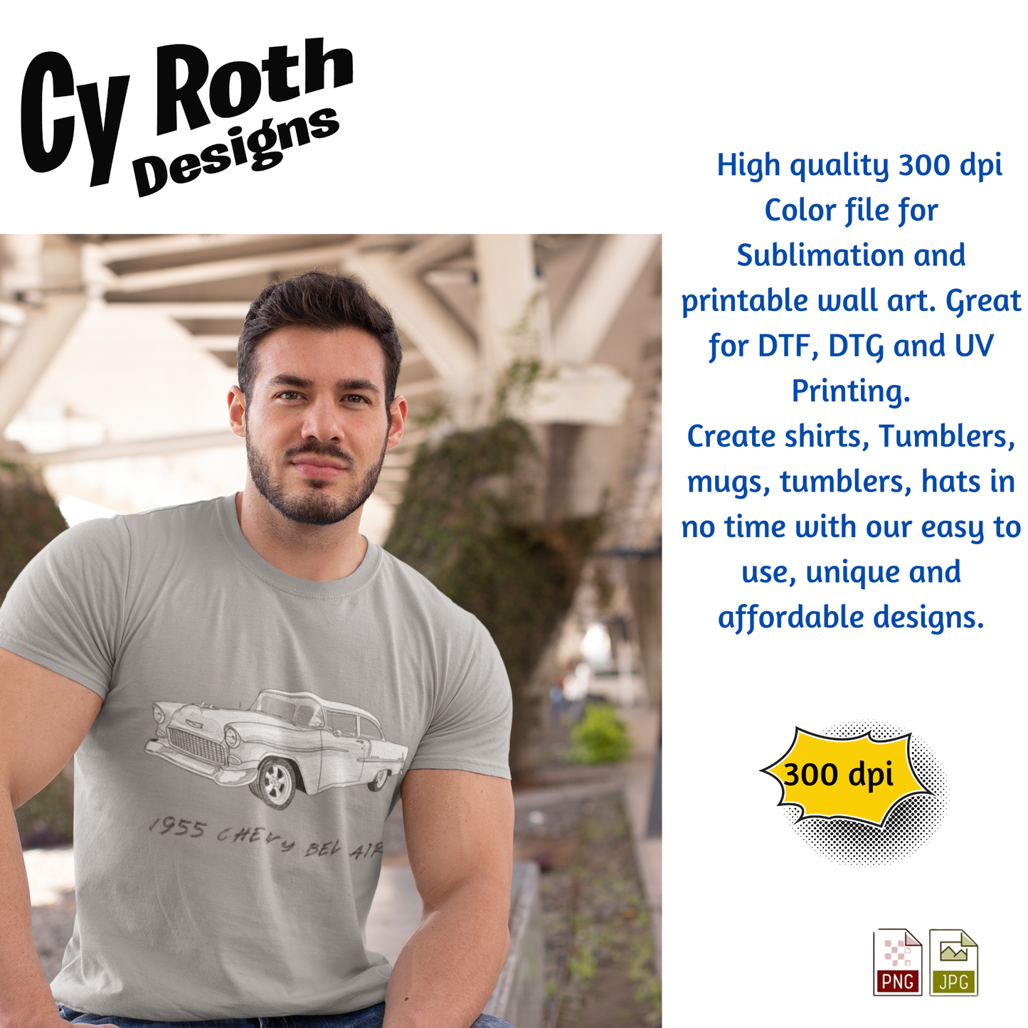 Man wearing t-shirt with a 1955 Chevy Bel Air sublimation drawing