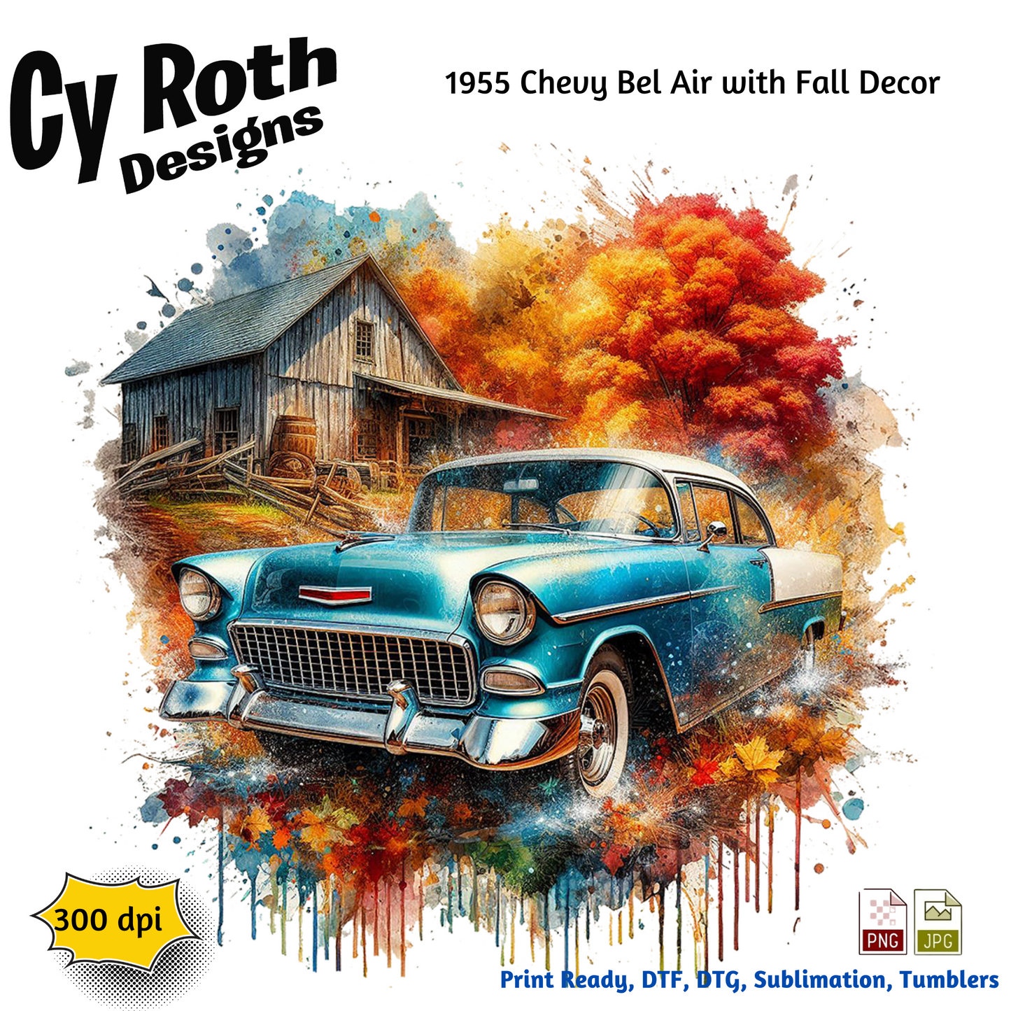 1955 Chevy Bel Air Sublimation Wall Art 20oz skinny Tumbler PNG JPG file, shirt PNG, Junk Journal image