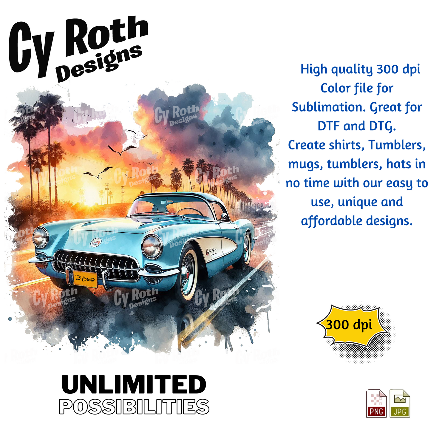 1955 Corvette Sublimation PNG JPG file, Wall Art 20oz skinny Tumbler, shirt PNG, Junk Journal image