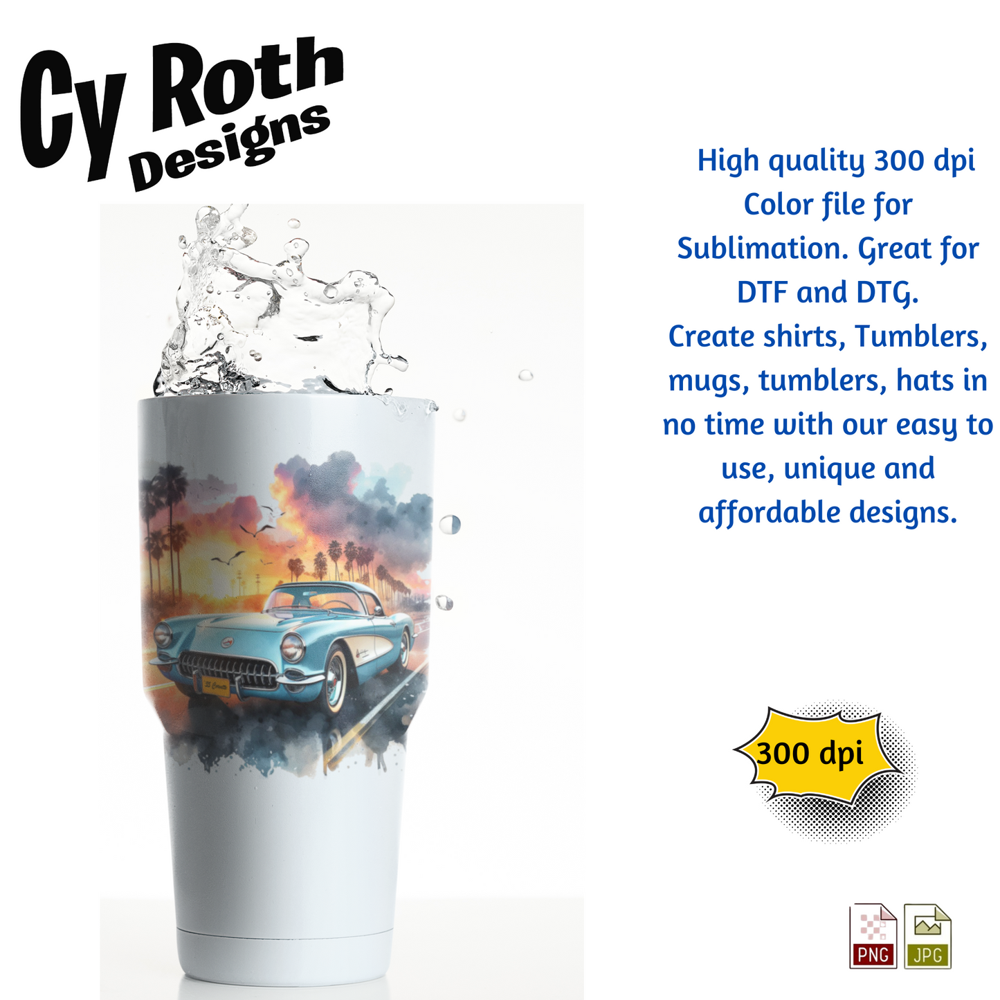 1955 Corvette Sublimation PNG JPG file, Wall Art 20oz skinny Tumbler, shirt PNG, Junk Journal image