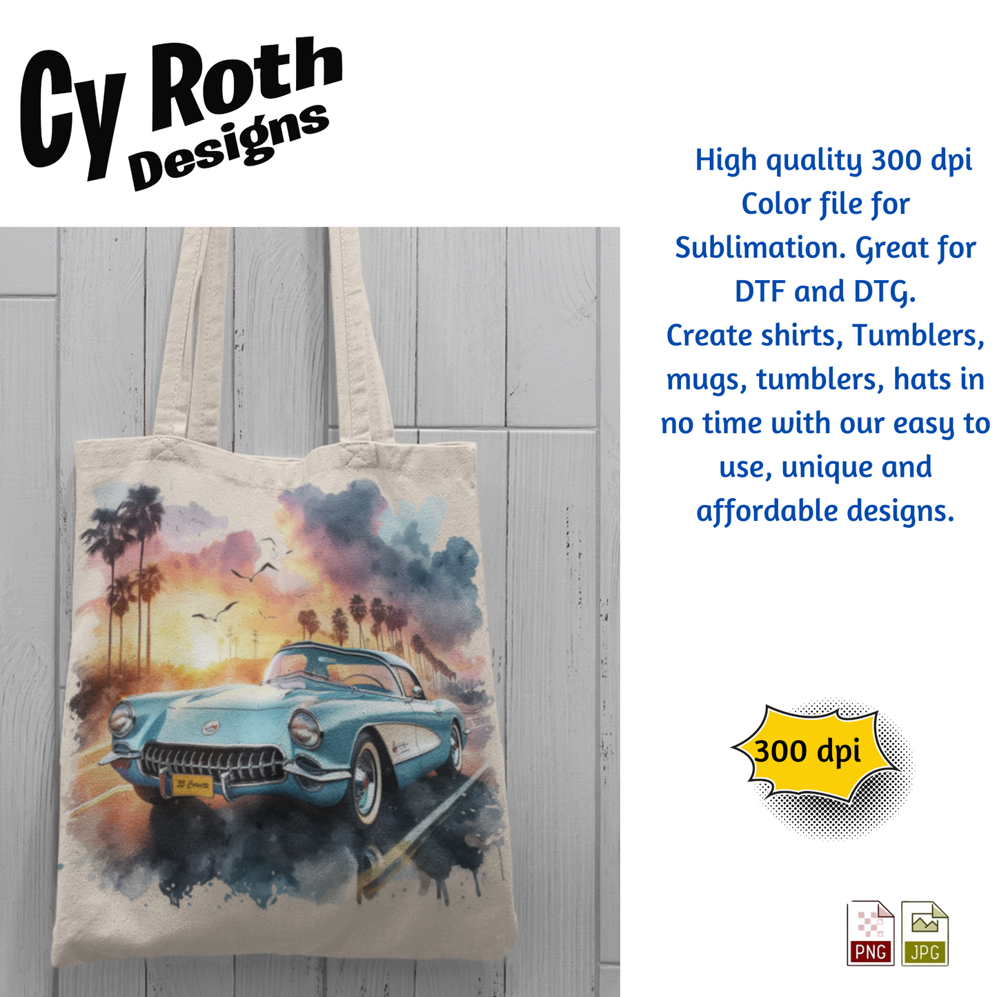 1955 Corvette Sublimation PNG JPG file, Wall Art 20oz skinny Tumbler, shirt PNG, Junk Journal image