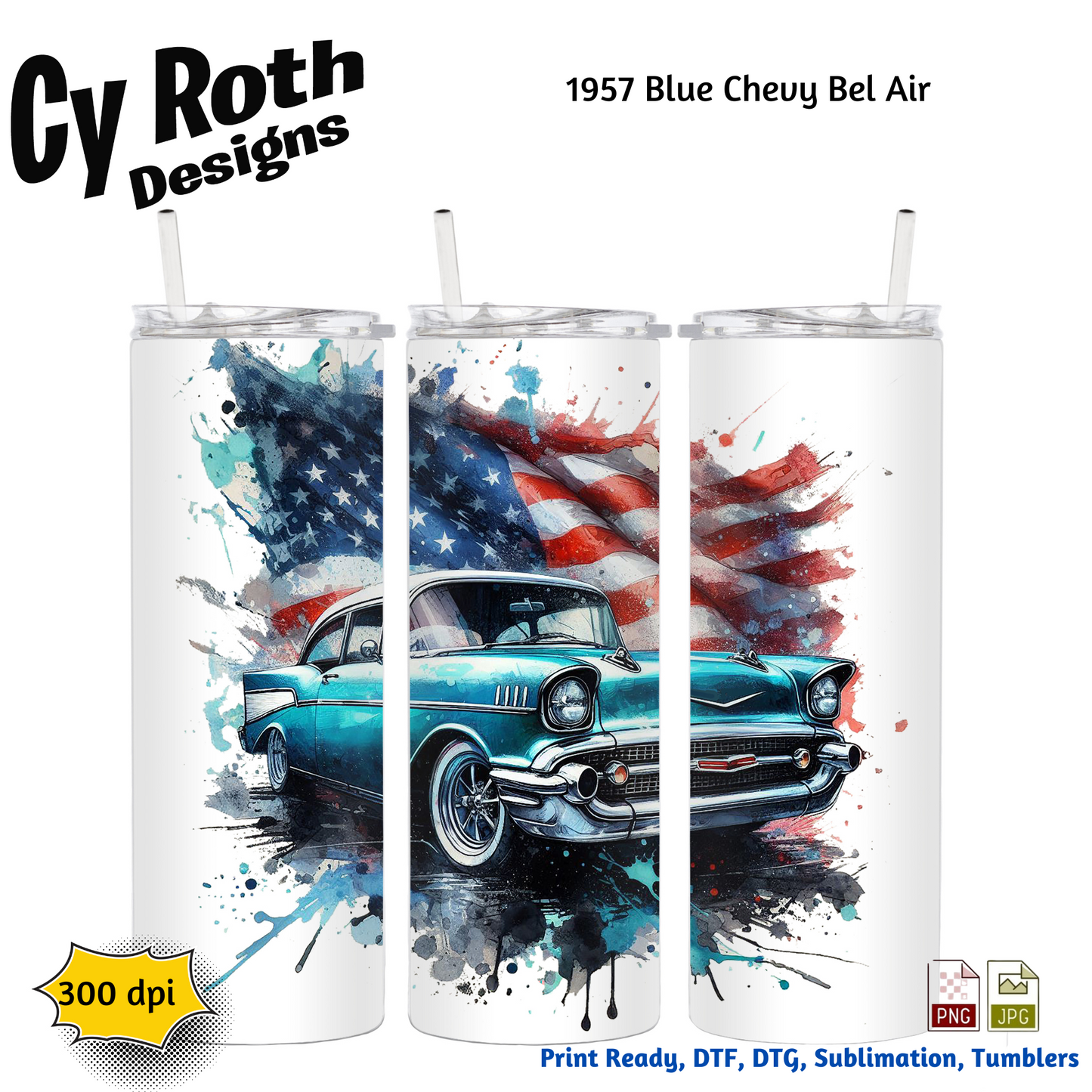 1957 Chevy Bel Air Sublimation Wall Art 20oz skinny Tumbler PNG JPG file, shirt PNG, Junk Journal image