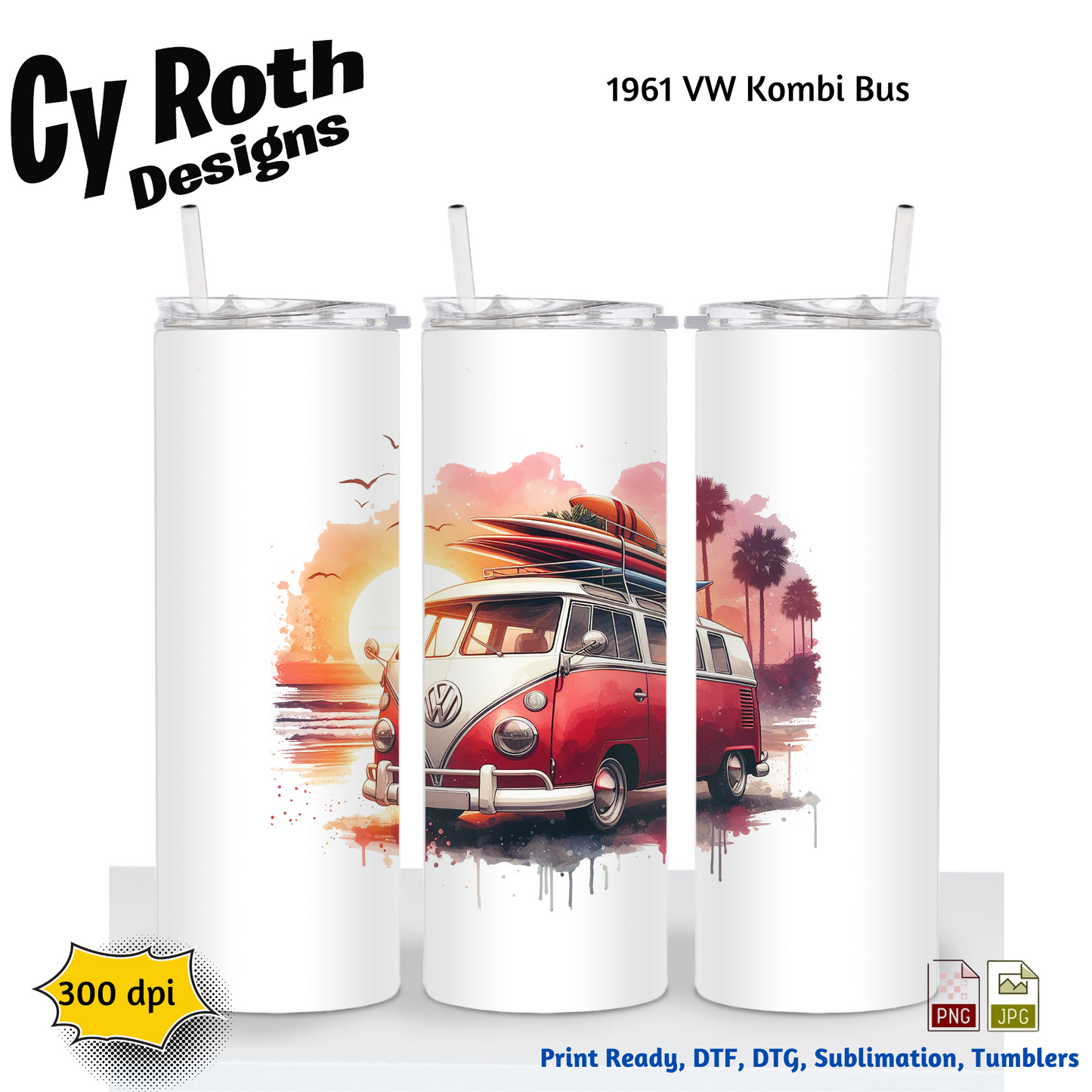 1961 VW Bus Sublimation PNG JPG file, Wall Art 20oz skinny Tumbler, shirt PNG, Junk Journal image