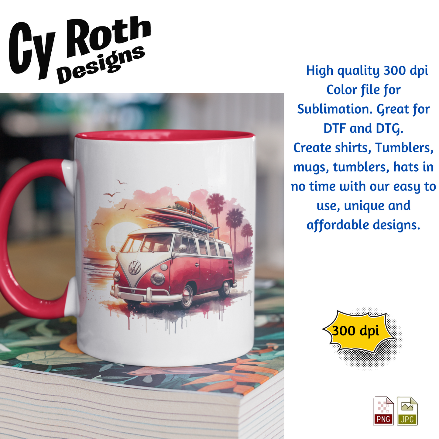 1961 VW Bus Sublimation PNG JPG file, Wall Art 20oz skinny Tumbler, shirt PNG, Junk Journal image