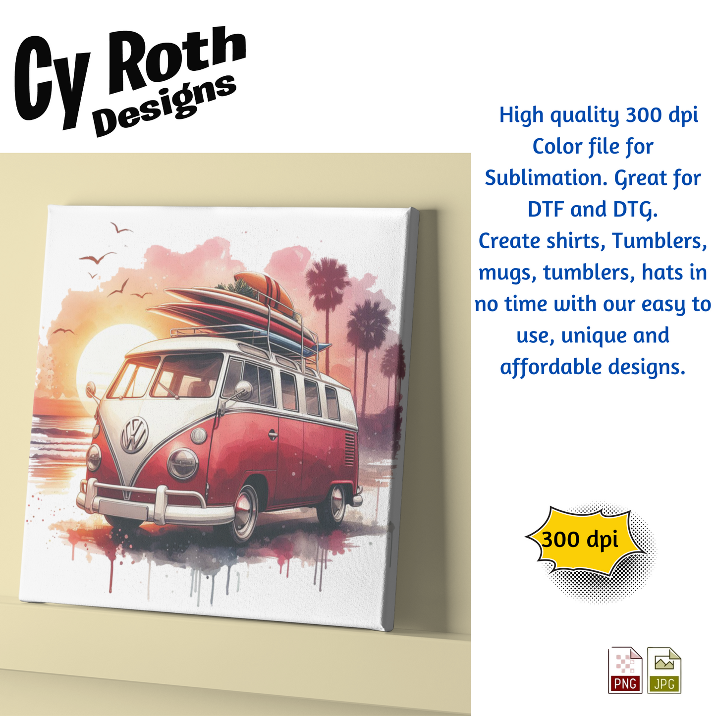 1961 VW Bus Sublimation PNG JPG file, Wall Art 20oz skinny Tumbler, shirt PNG, Junk Journal image