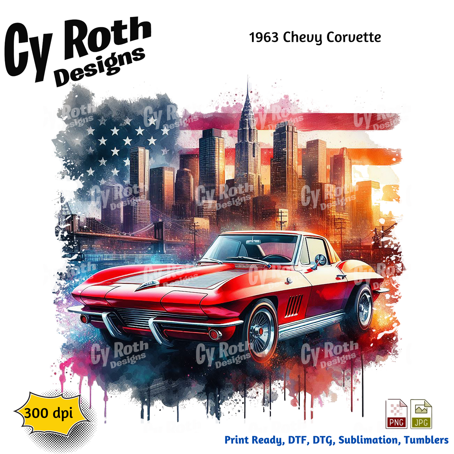 1963 Corvette Sublimation PNG JPG file, Wall Art 20oz skinny Tumbler, shirt PNG, Junk Journal image