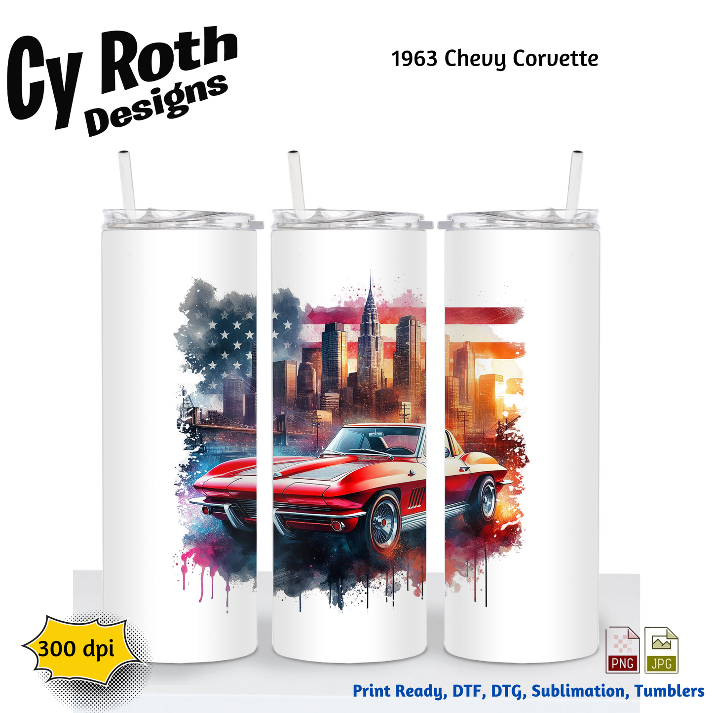 1963 Corvette Sublimation PNG JPG file, Wall Art 20oz skinny Tumbler, shirt PNG, Junk Journal image
