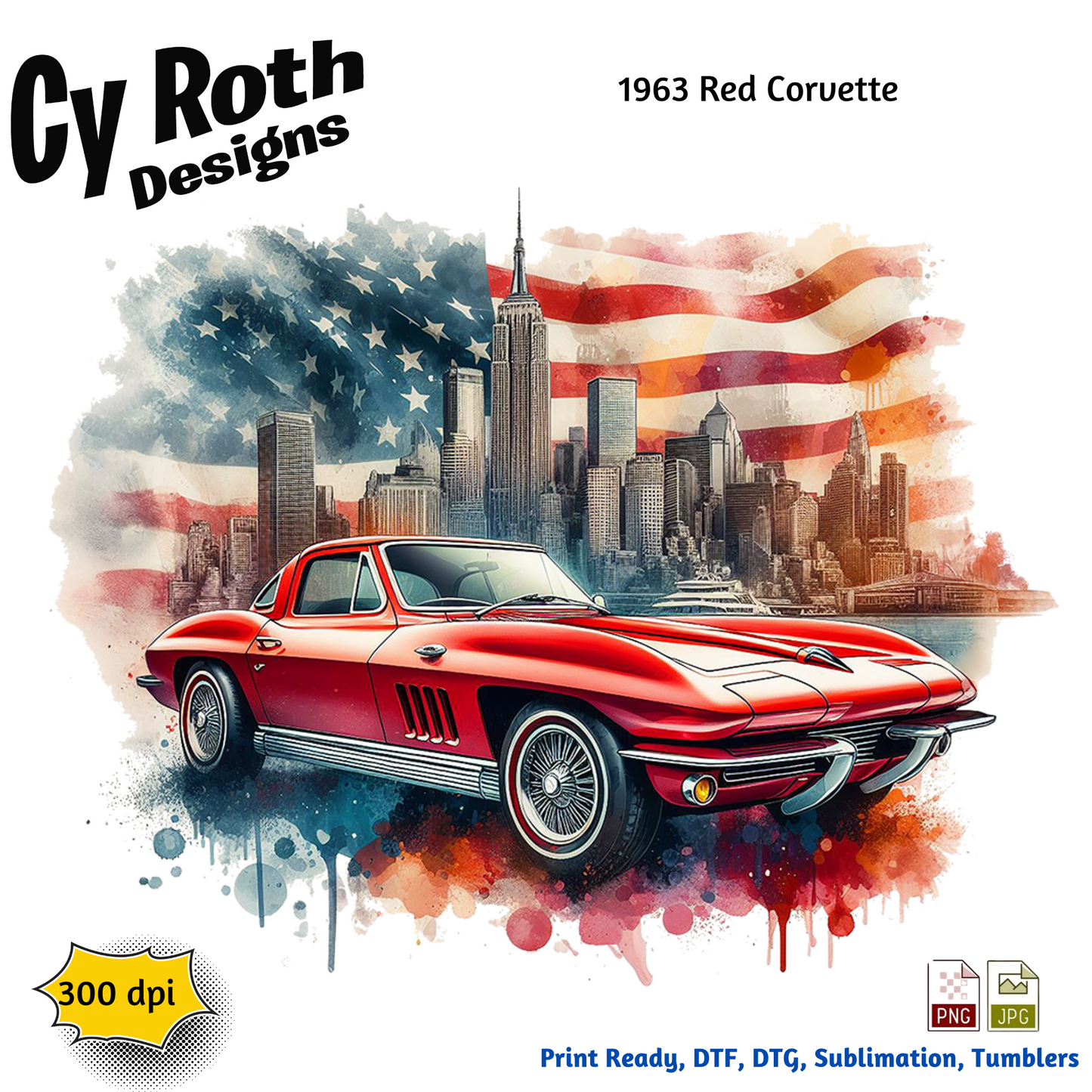 1963 Corvette Sublimation Wall Art 20oz skinny Tumbler PNG JPG file, shirt PNG, Junk Journal image